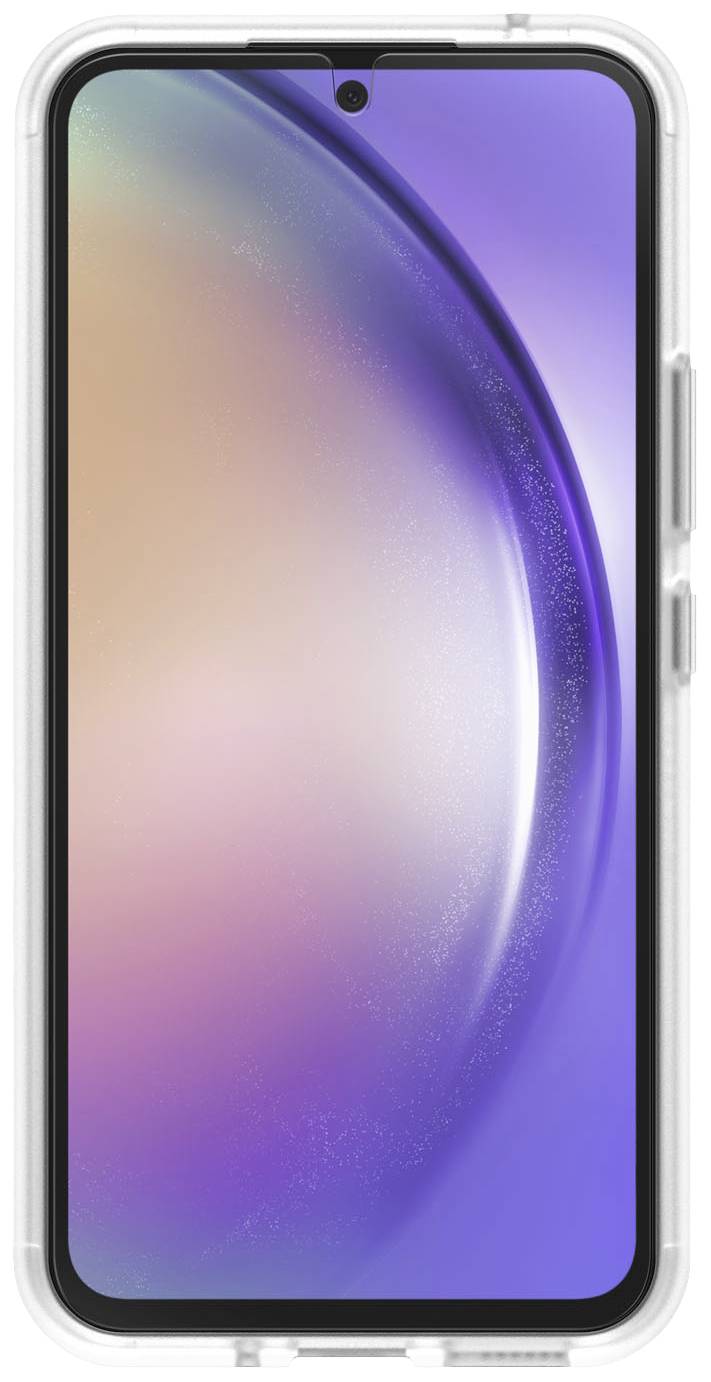 Smartphone mit transparentem Case, zeigt bunten Bildschirm im Vordergrund. Hintergrund in Lila- und Orangetönen.
