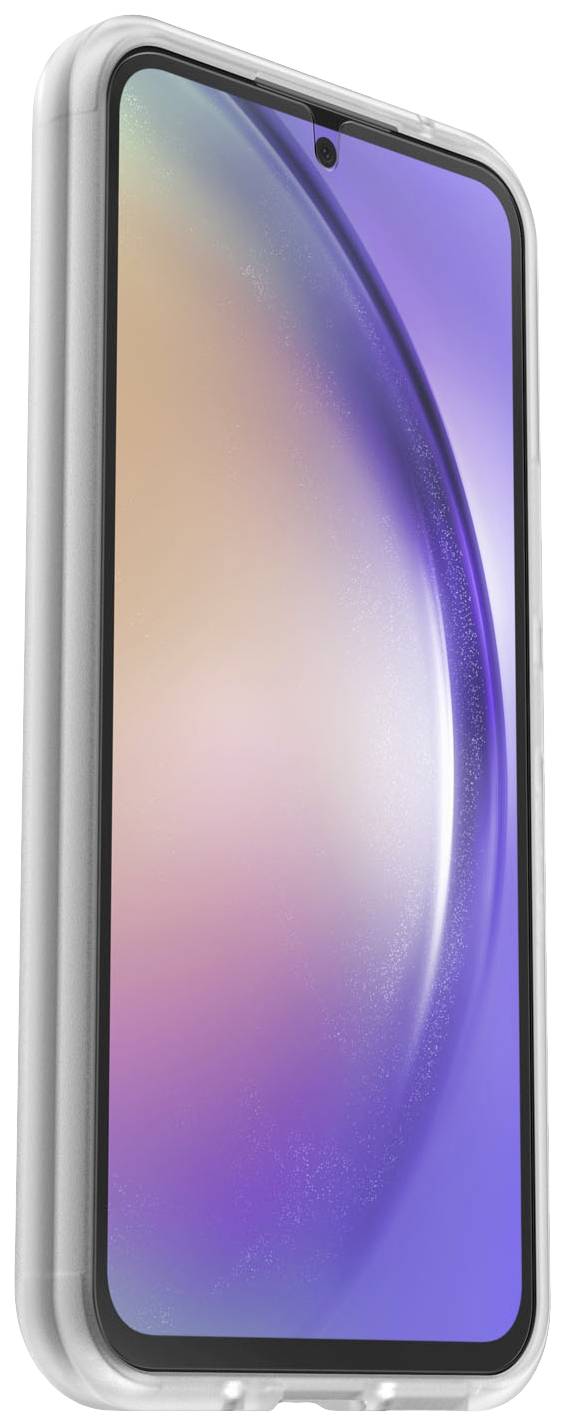 Smartphone mit großem Display, farbenfrohem Hintergrund, silbernem Rahmen, und Kamera oben in der Mitte des Bildschirms.