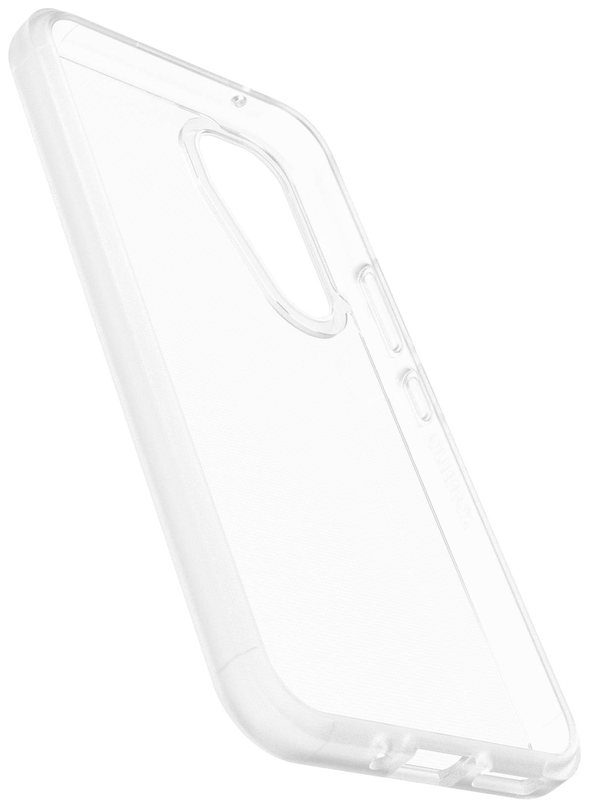 Transparente Handyhülle aus Kunststoff, schützend und passend für ein Smartphone, seitliche Tasten sichtbar.