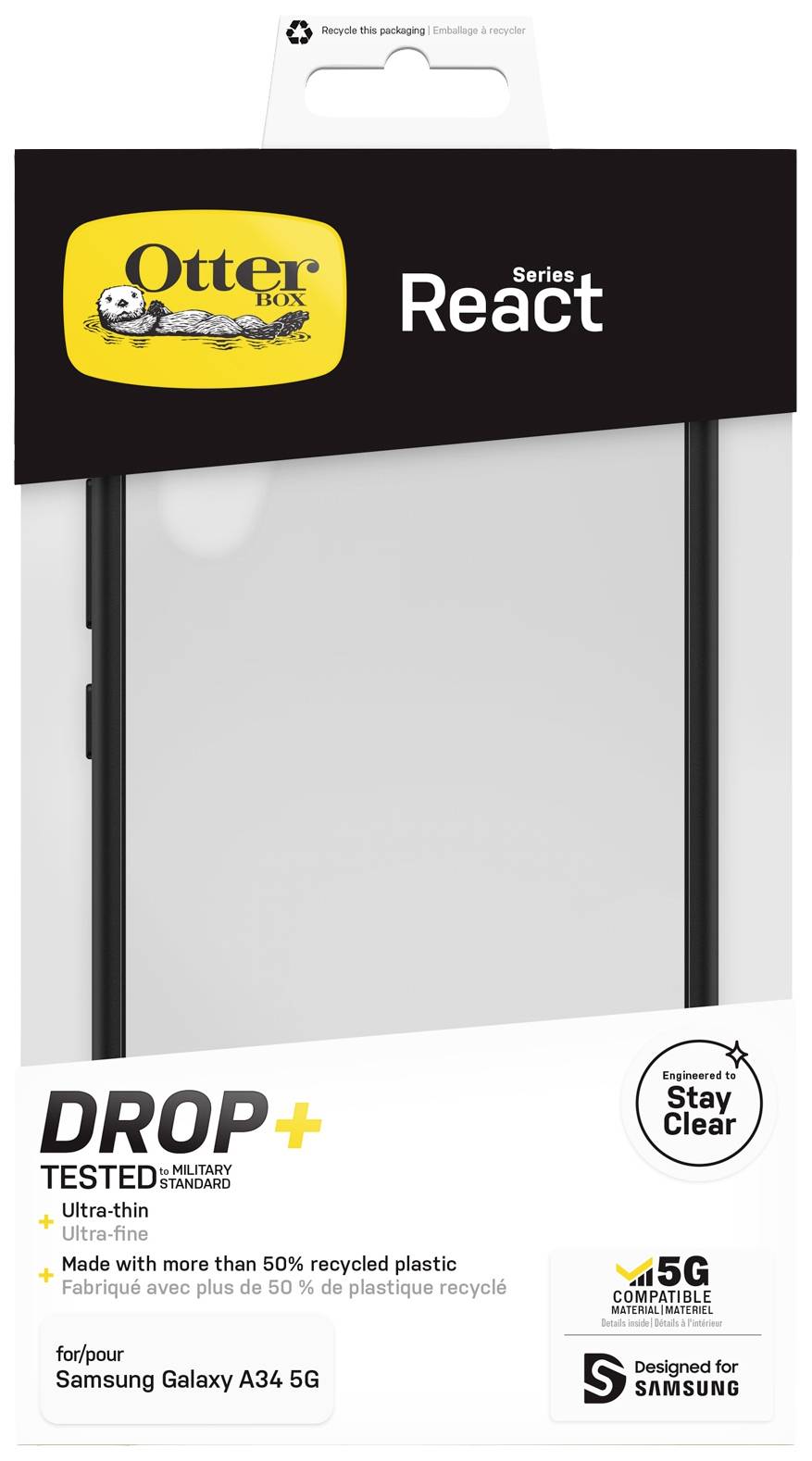 Verpackung einer OtterBox React Schutzhülle für Samsung Galaxy A34 5G. Sie ist ultradünn, besteht zu über 50% aus recyceltem Plastik.