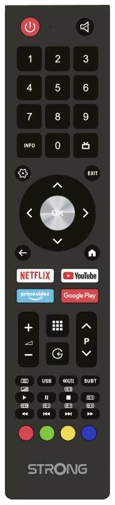 Schwarze Fernbedienung mit Tasten für 'Netflix', 'YouTube', 'Prime Video' und 'Google Play'. Oben Power-Taste, Zahlen und Steuerkreuz in der Mitte.