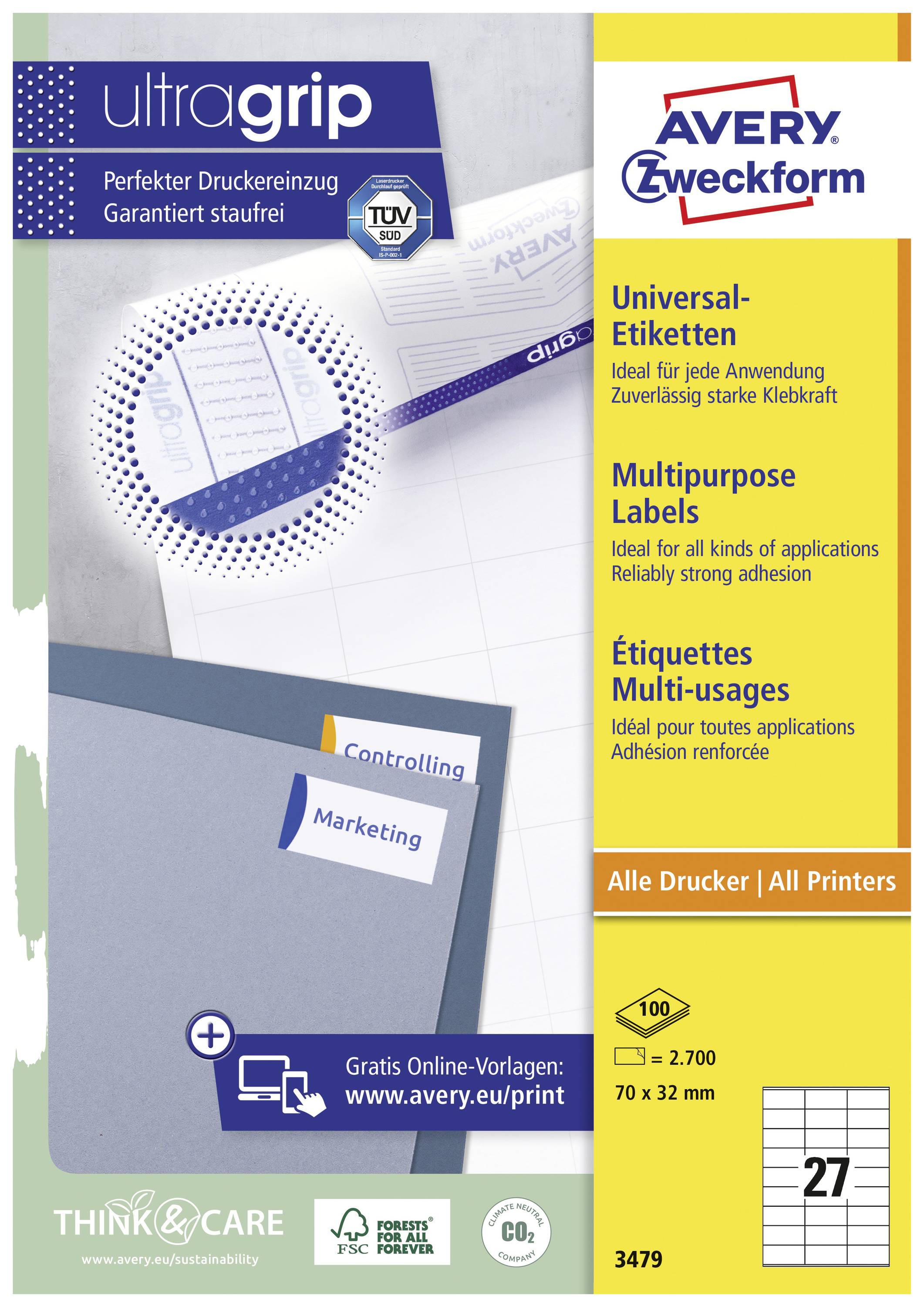 'Ultragrip Universaletiketten' Verpackung. Auf der Vorderseite sind Etiketten zu sehen. Für alle Drucker geeignet. Format: 70 x 32 mm.