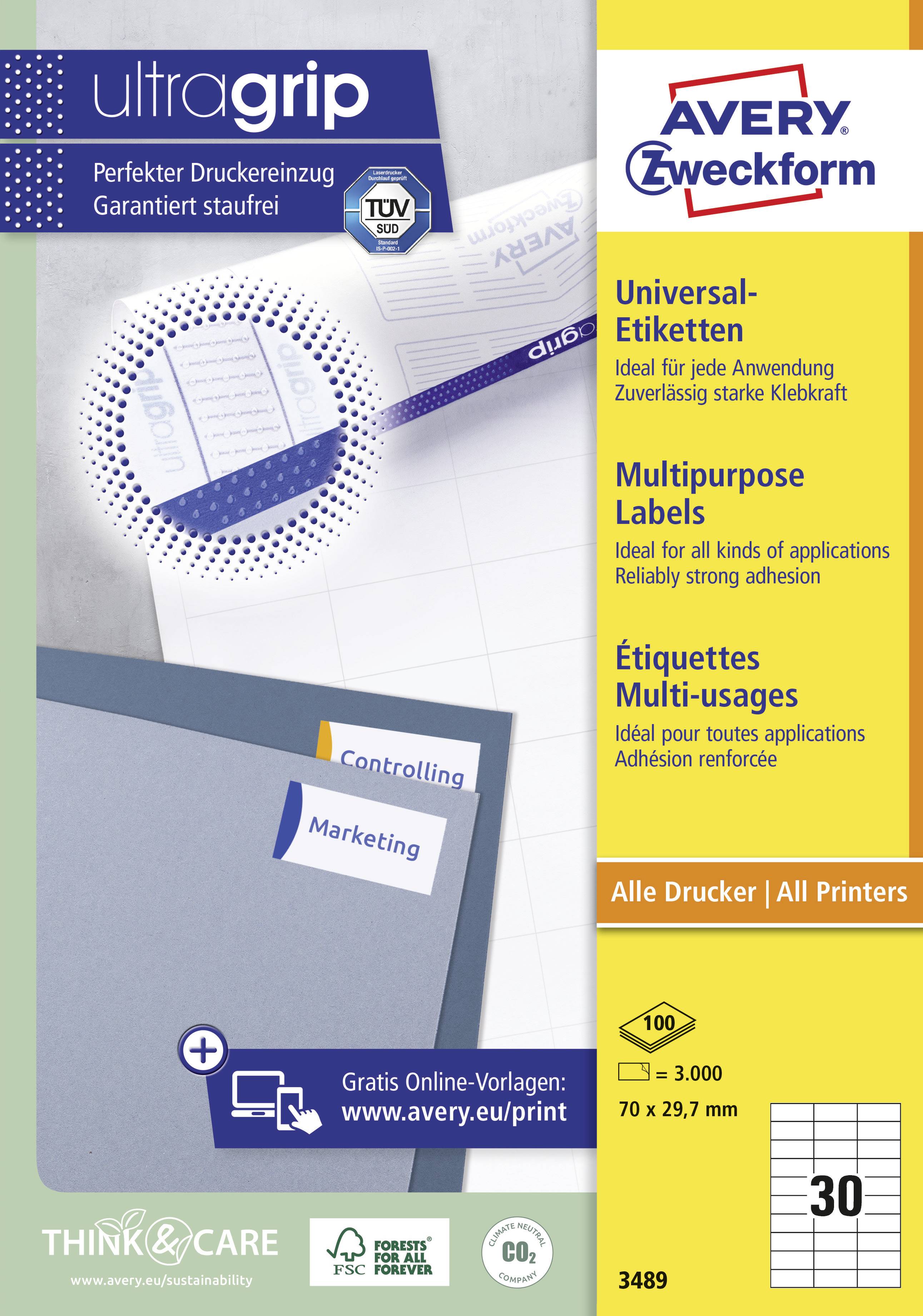 Darstellung von Avery Zweckform Etikettenverpackung mit blauen und gelben Etiketten. Geeignet für Drucker, Format 70 x 29,7 mm.