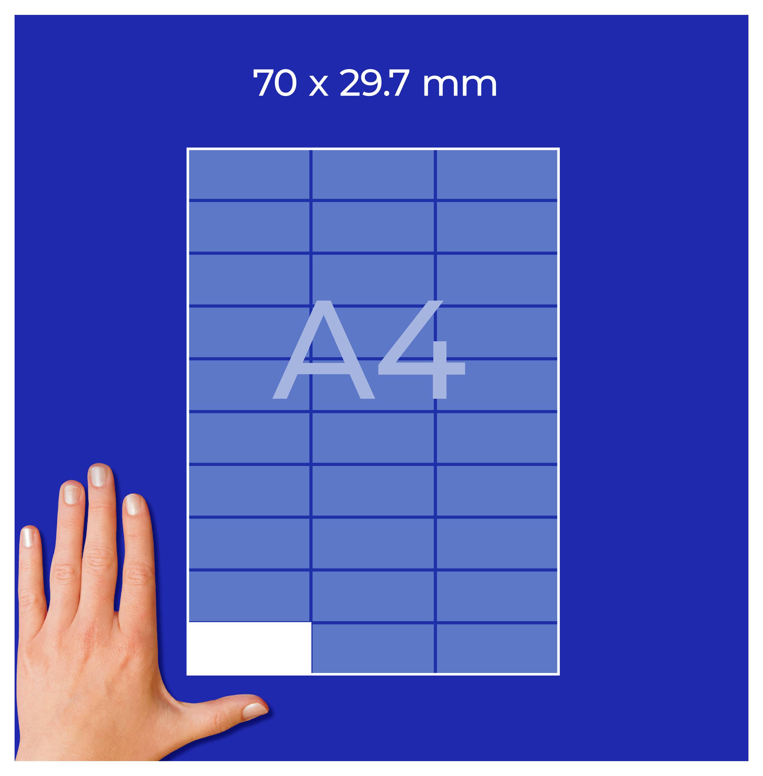 A4-Papierformat 70 x 29,7 mm mit Raster; Hand dient als Größenvergleich vor blauem Hintergrund.