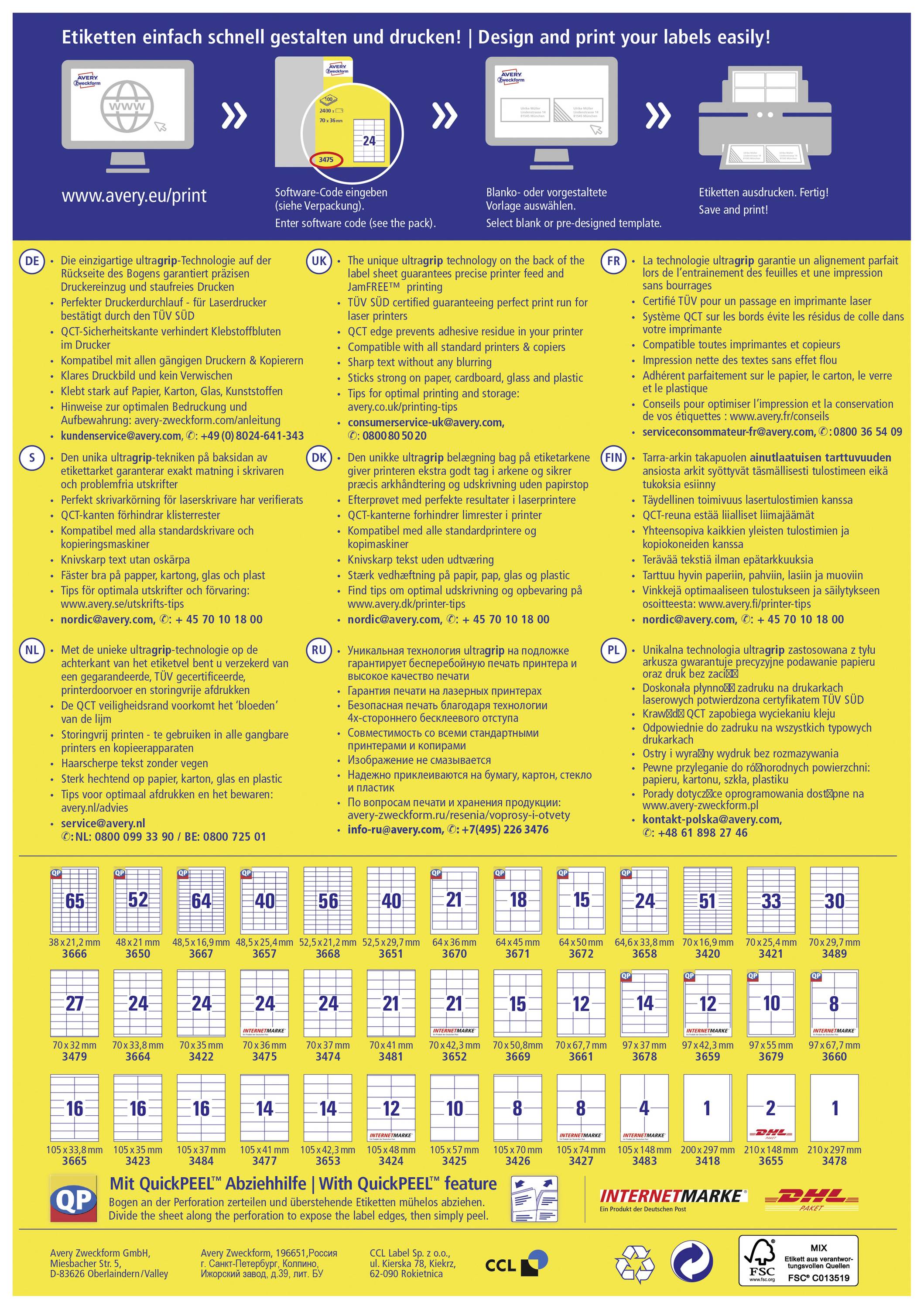 Ein gelbes Poster erklärt, wie man Etiketten gestaltet und druckt. Enthält Schritte, Tipps und eine Übersicht von Etikettengrößen mit Abbildungen.