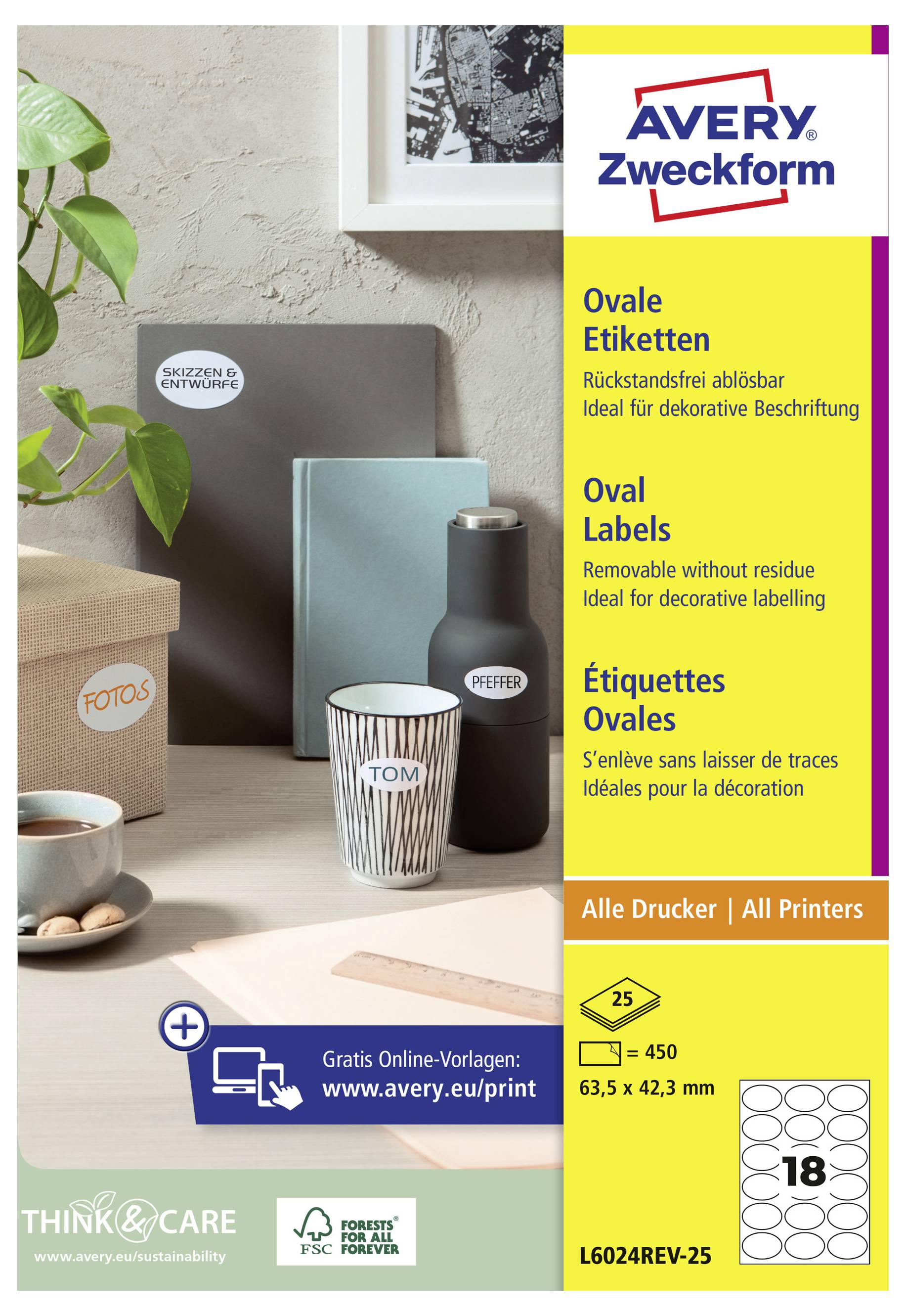 Produktverpackung für Avery Zweckform Ovale Etiketten, mit abnehmbaren Etiketten für alle Drucker, Größe 63,5 x 42,3 mm, 18 Etiketten pro Blatt.