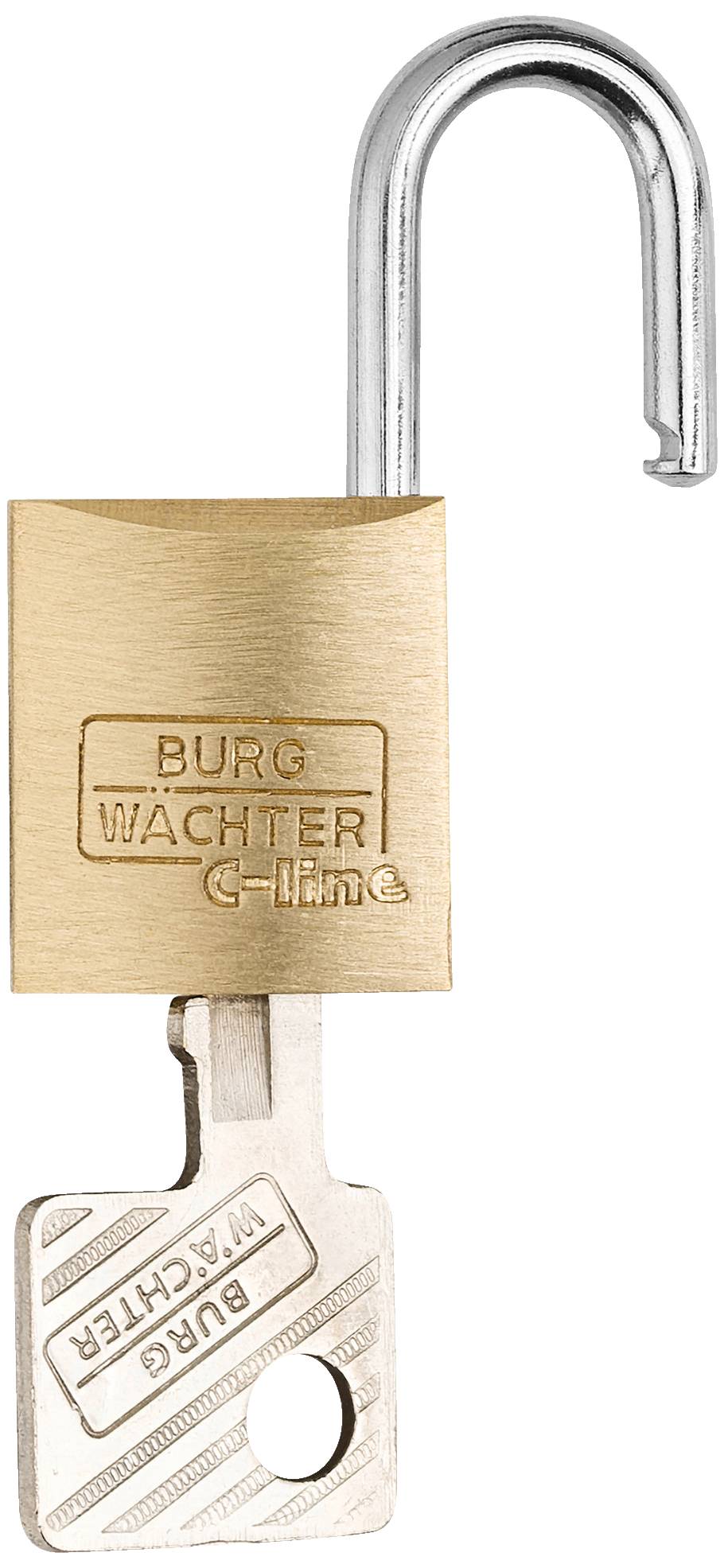 Offenes Vorhängeschloss aus Messing mit eingeprägtem Text 'Burg Wächter'. Der Schlüssel steckt im Schloss, das geöffnet ist.