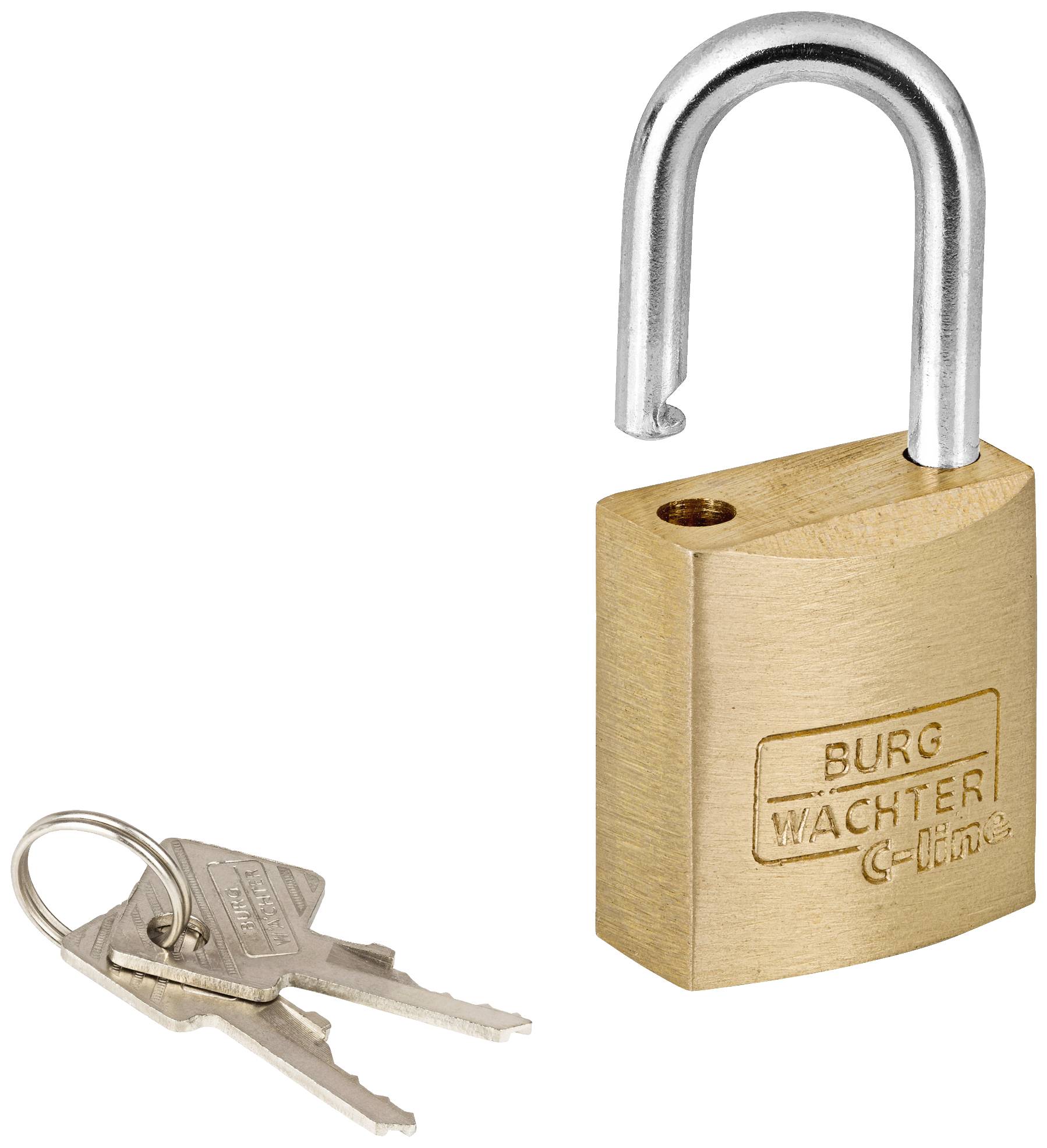 Ein geöffnetes Vorhängeschloss aus Messing mit der Gravur 'Burg Wächter'. Daneben liegen zwei Schlüssel mit einem Schlüsselring.