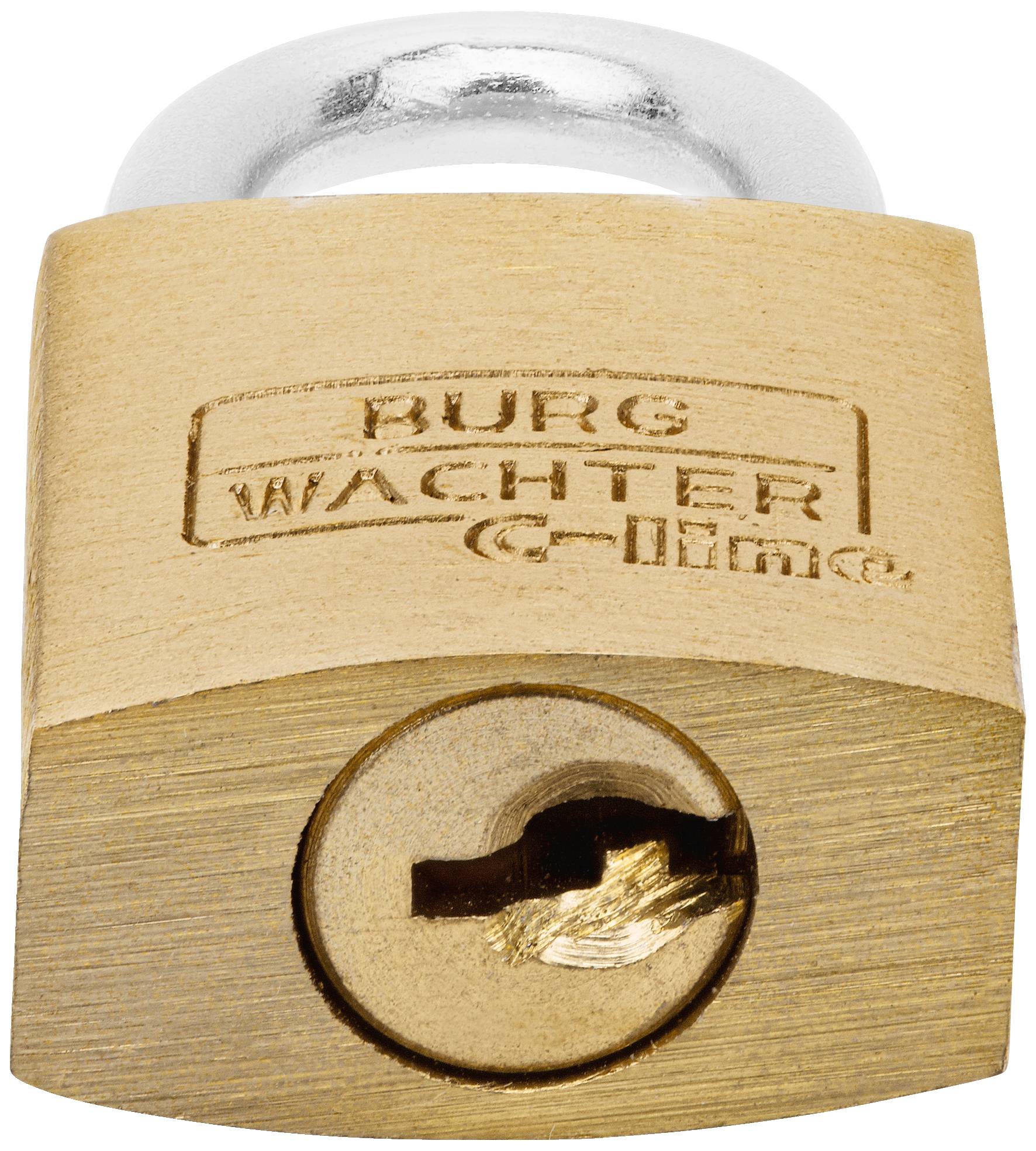 Ein Messingschloss mit einem silbernen Bügel, auf dem 'BURG WÄCHTER C-line' eingraviert ist.