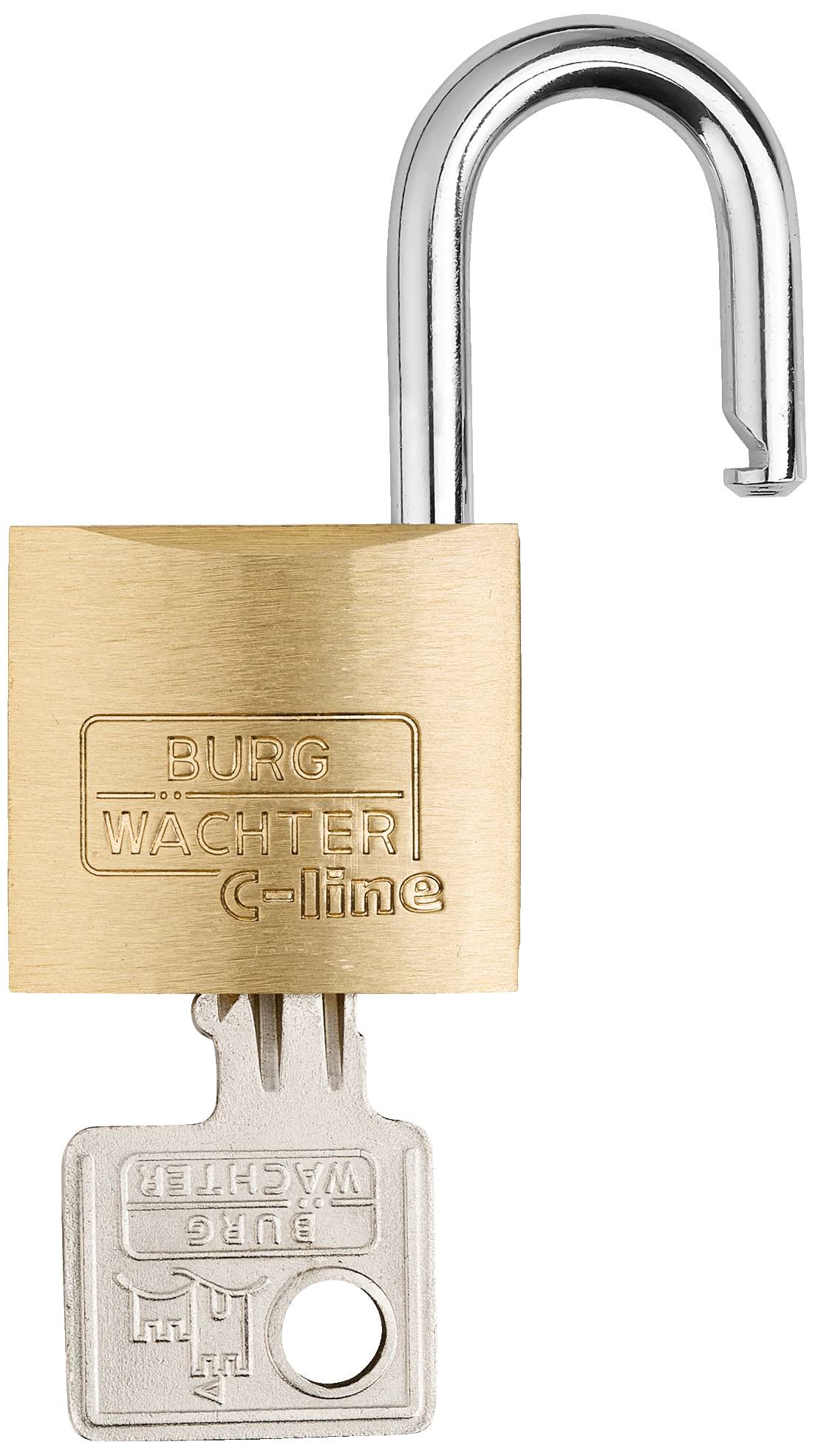 Offenes Vorhängeschloss mit eingestecktem Schlüssel. Auf dem Schloss ist 'BURG WACHTER C-line' eingraviert.