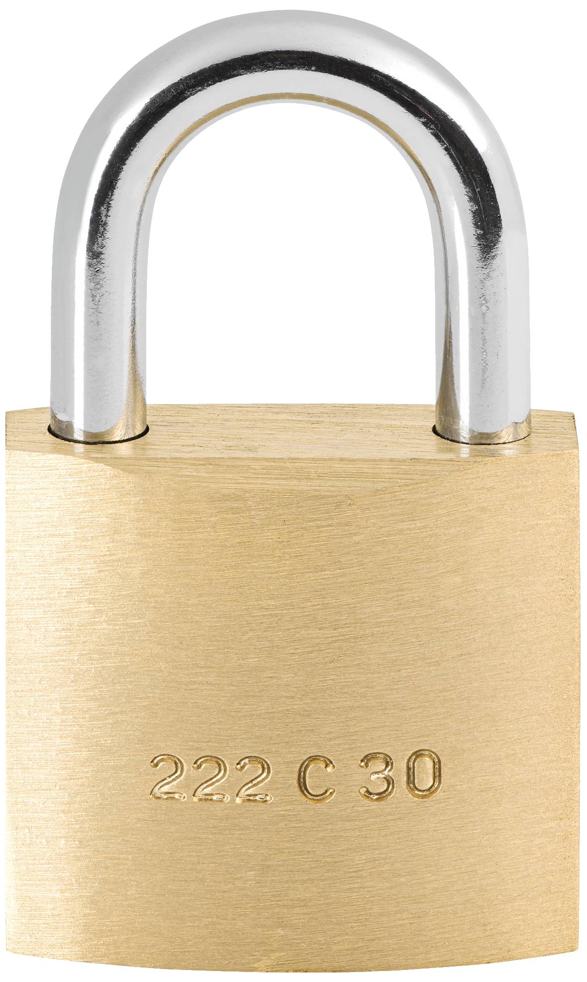 Ein goldfarbenes Vorhängeschloss mit Metallbügel, eingraviert mit '222 C 30'. Ideal zum Sichern von Gegenständen.