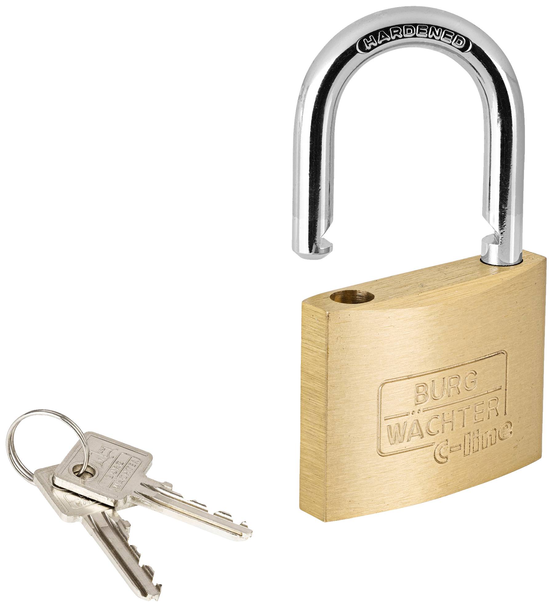 Ein geöffnetes Vorhängeschloss aus Metall neben zwei Schlüsseln auf einem Ring.