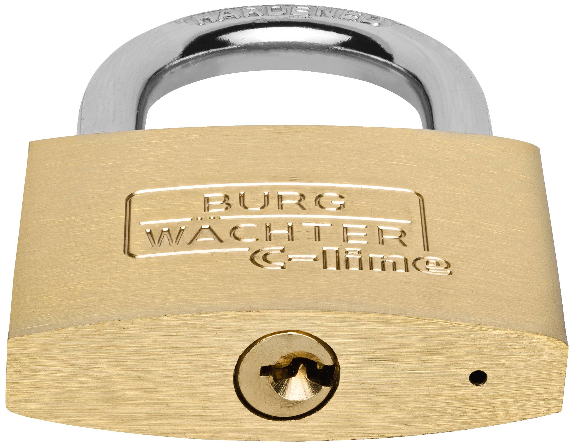 Ein Vorhängeschloss aus Messing mit silbernem Bügel und der Aufschrift 'BURG WÄCHTER C-line' auf der Vorderseite.