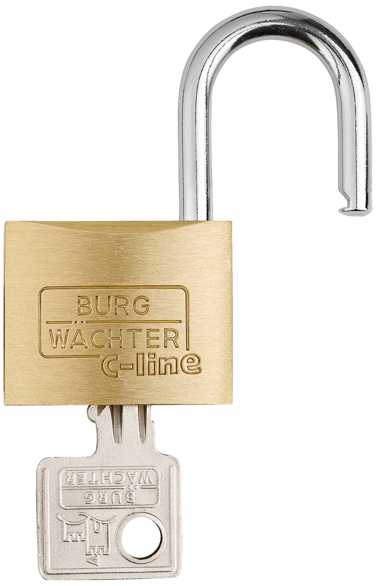 Ein geöffnetes, goldenes Vorhängeschloss mit der Aufschrift 'Burg Wächter C-line' und einem dazugehörigen Schlüssel.