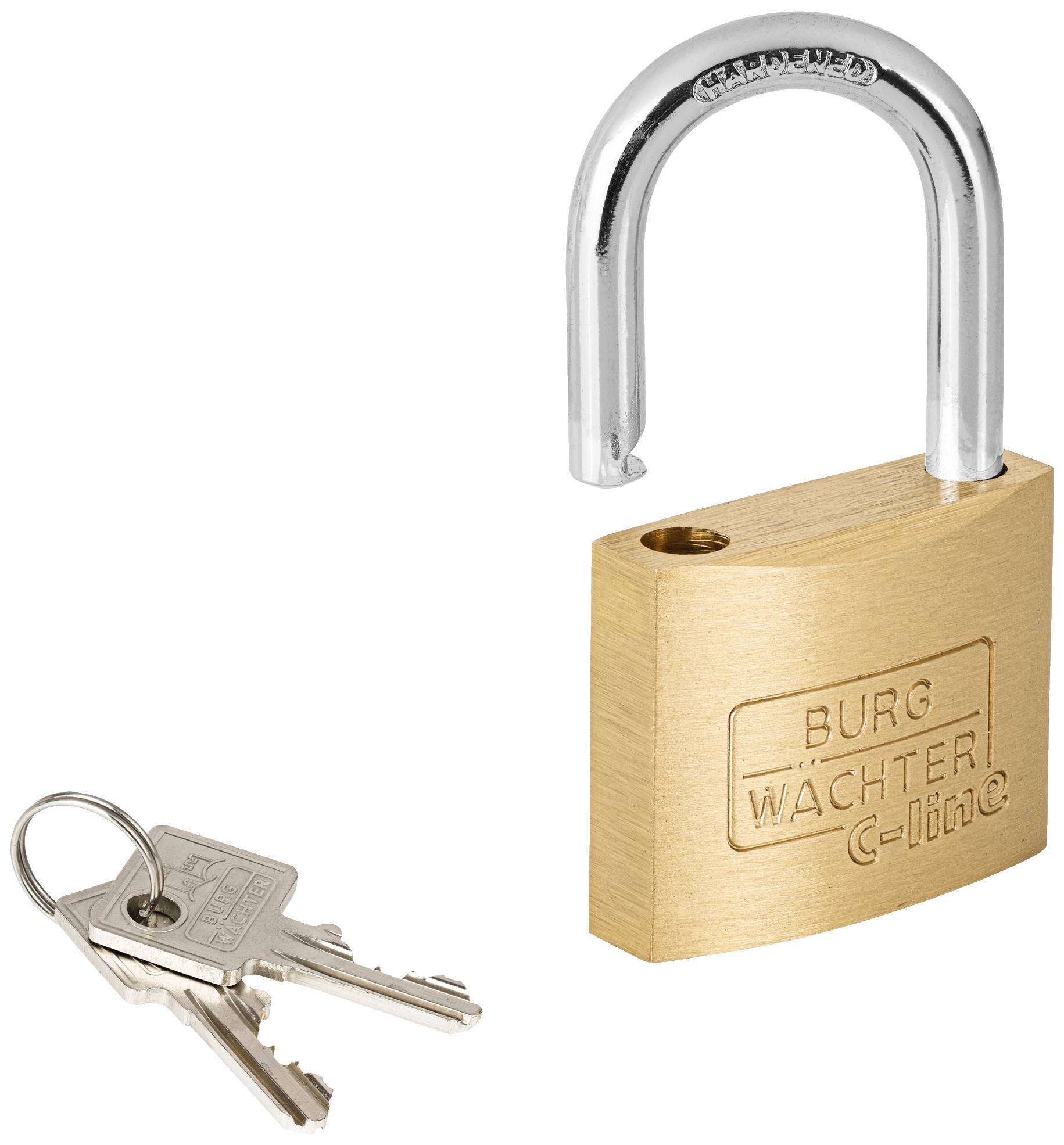 Ein Vorhängeschloss aus Messing mit offenem Bügel, neben einem Schlüsselbund mit zwei Schlüsseln.