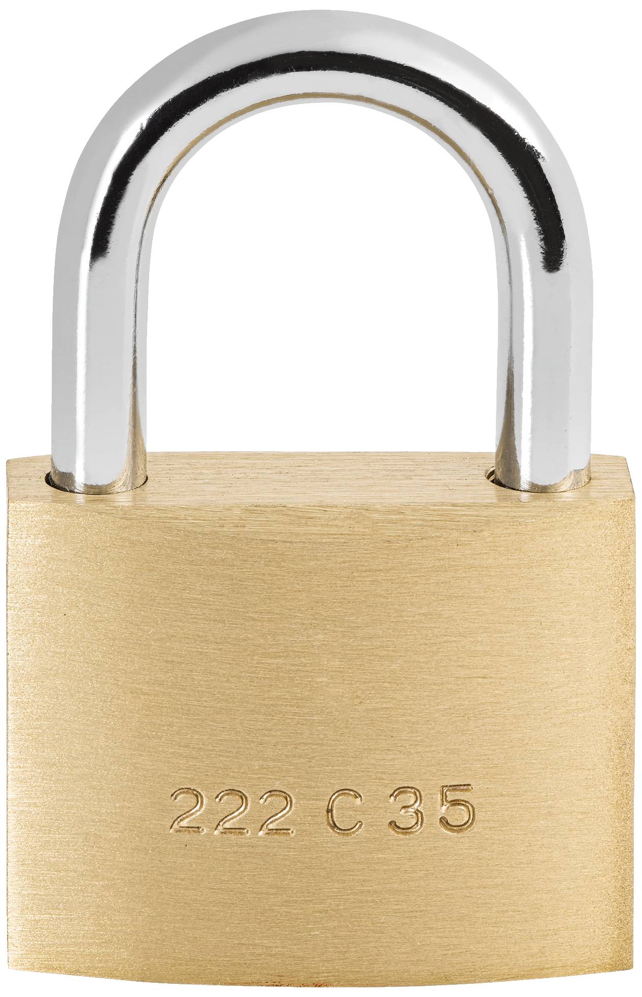 Ein goldfarbenes Vorhängeschloss mit der Gravur '222 C 35' auf der Vorderseite, symbolisiert Sicherheit oder Schutz.