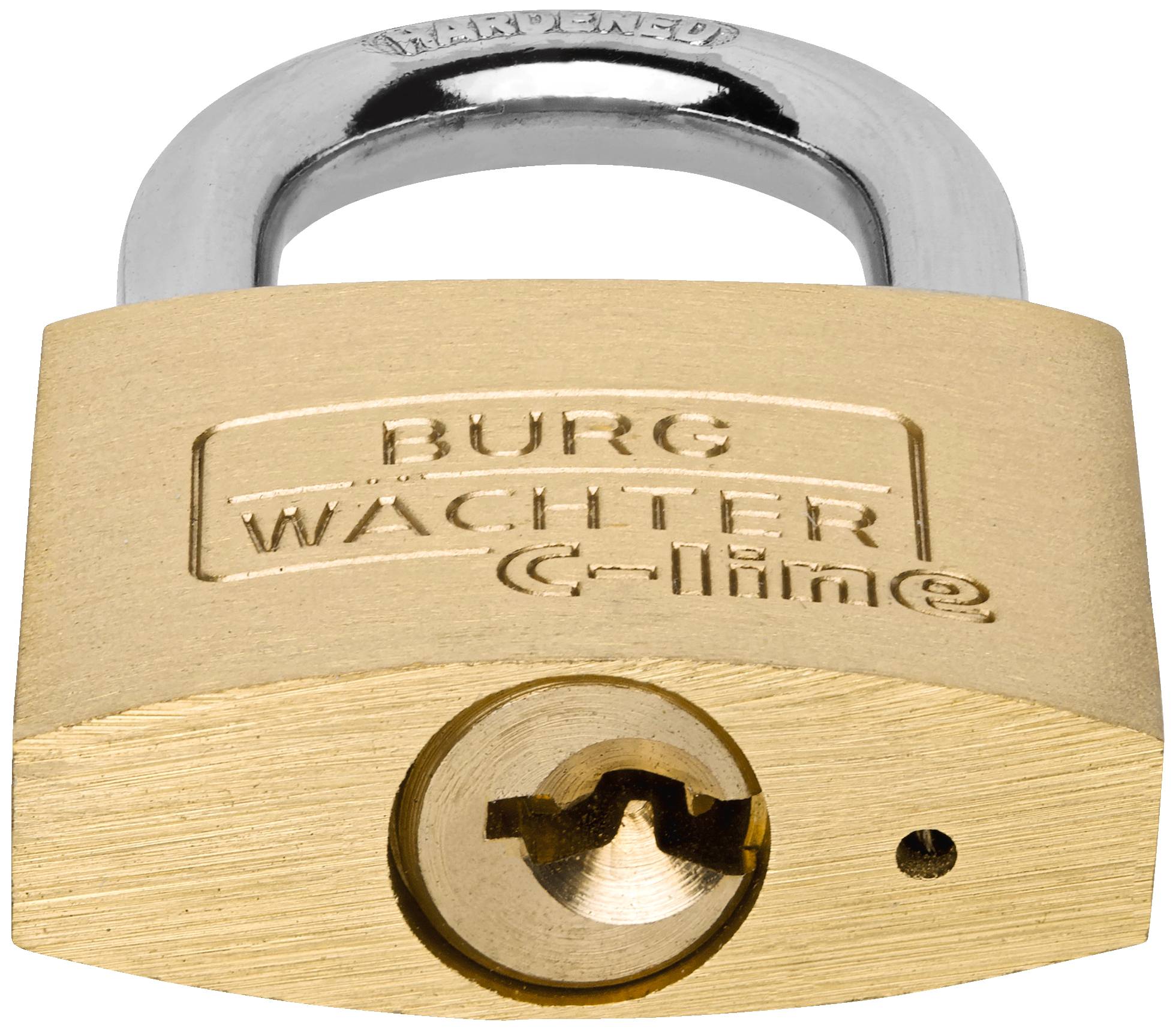 Ein massives Vorhängeschloss aus Messing mit der Gravur 'Burg Wächter C-line', geschlossen, vor einem neutralen Hintergrund.