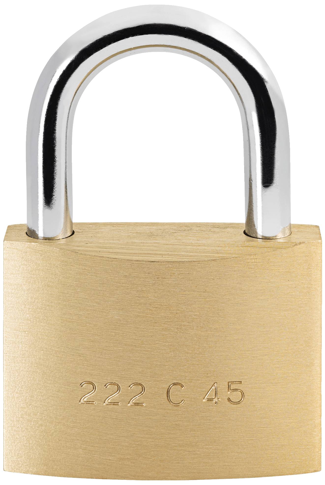 Ein Vorhängeschloss aus Messing mit gravierter Aufschrift '222 C 45'. Es symbolisiert Sicherheit und Schutz.