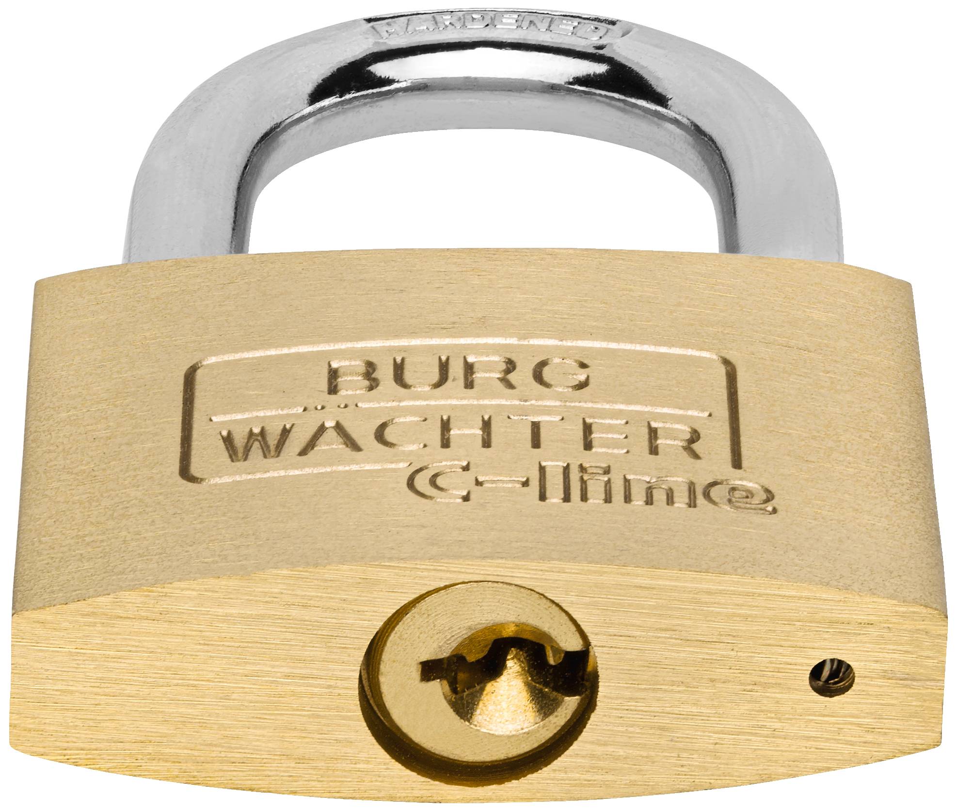 Ein Vorhängeschloss aus Metall mit der Aufschrift 'BURG WÄCHTER'.