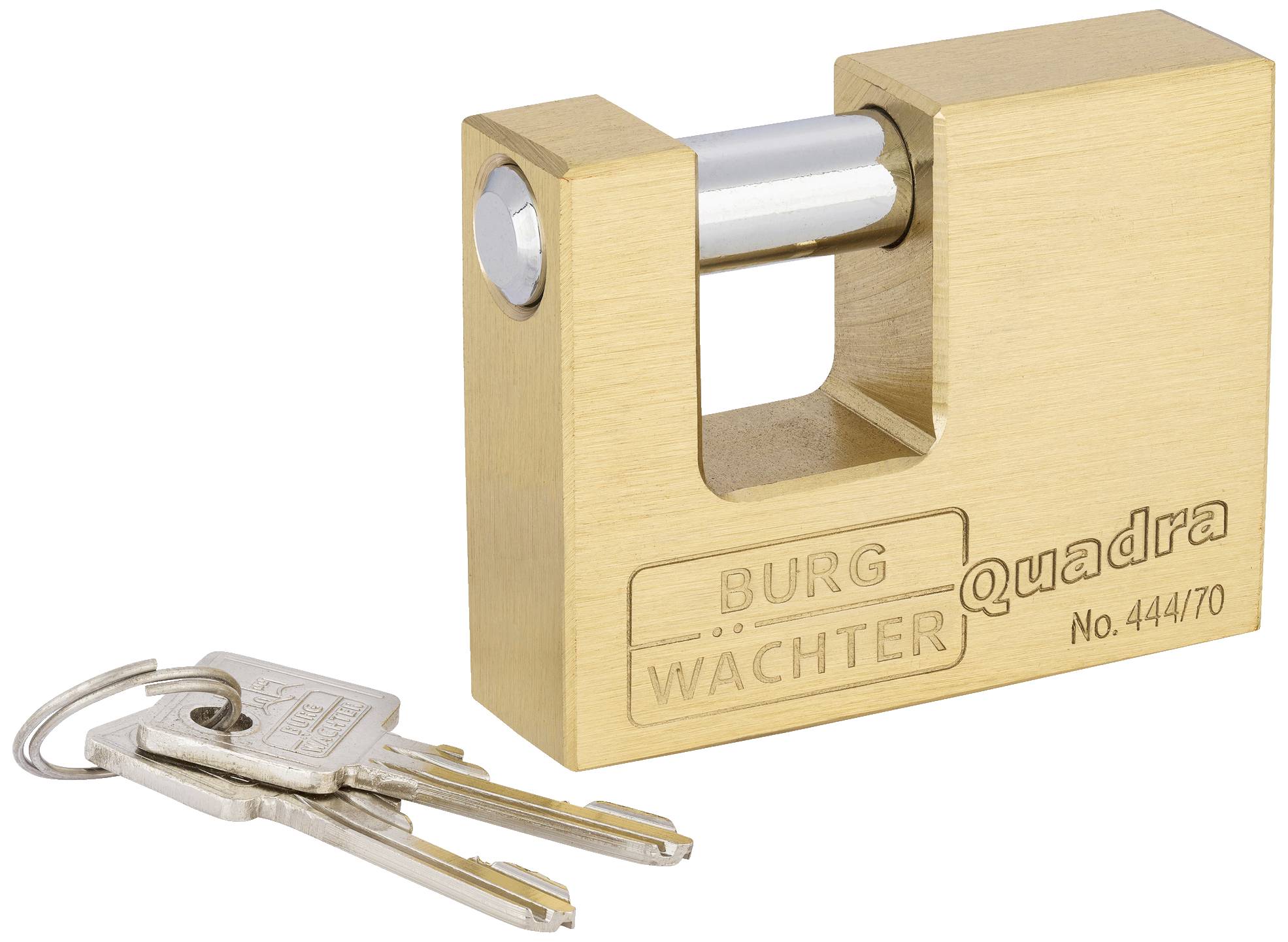 Ein robustes, messingfarbenes Vorhängeschloss mit zwei Schlüsseln daneben. Auf dem Schloss steht 'BURG WÄCHTER quadra'.
