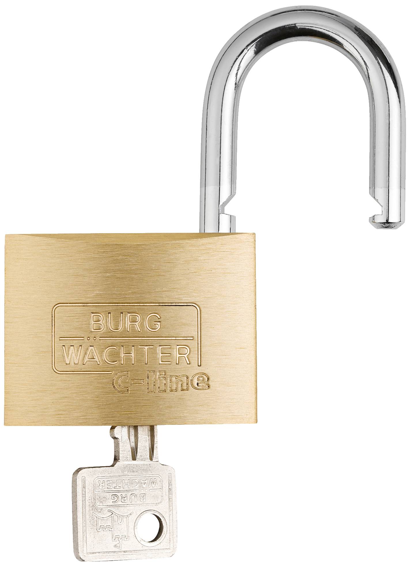 Ein offenes Vorhängeschloss mit eingelegtem Schlüssel. Der goldfarbene Schlosskörper trägt die Aufschrift 'BURG WÄCHTER'.