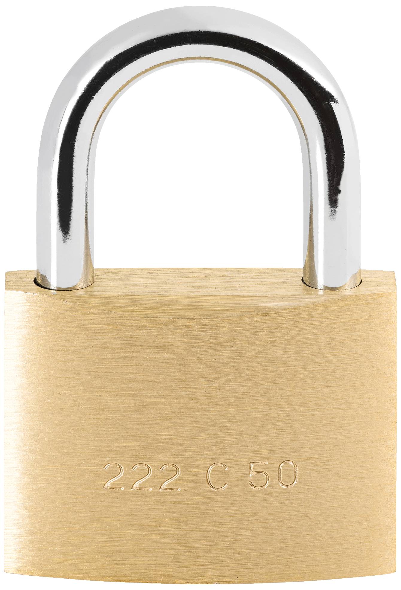 Ein goldenes Vorhängeschloss mit der Gravur '222 C 50' auf der Vorderseite. Es hat einen glänzenden, silbernen Bügel.