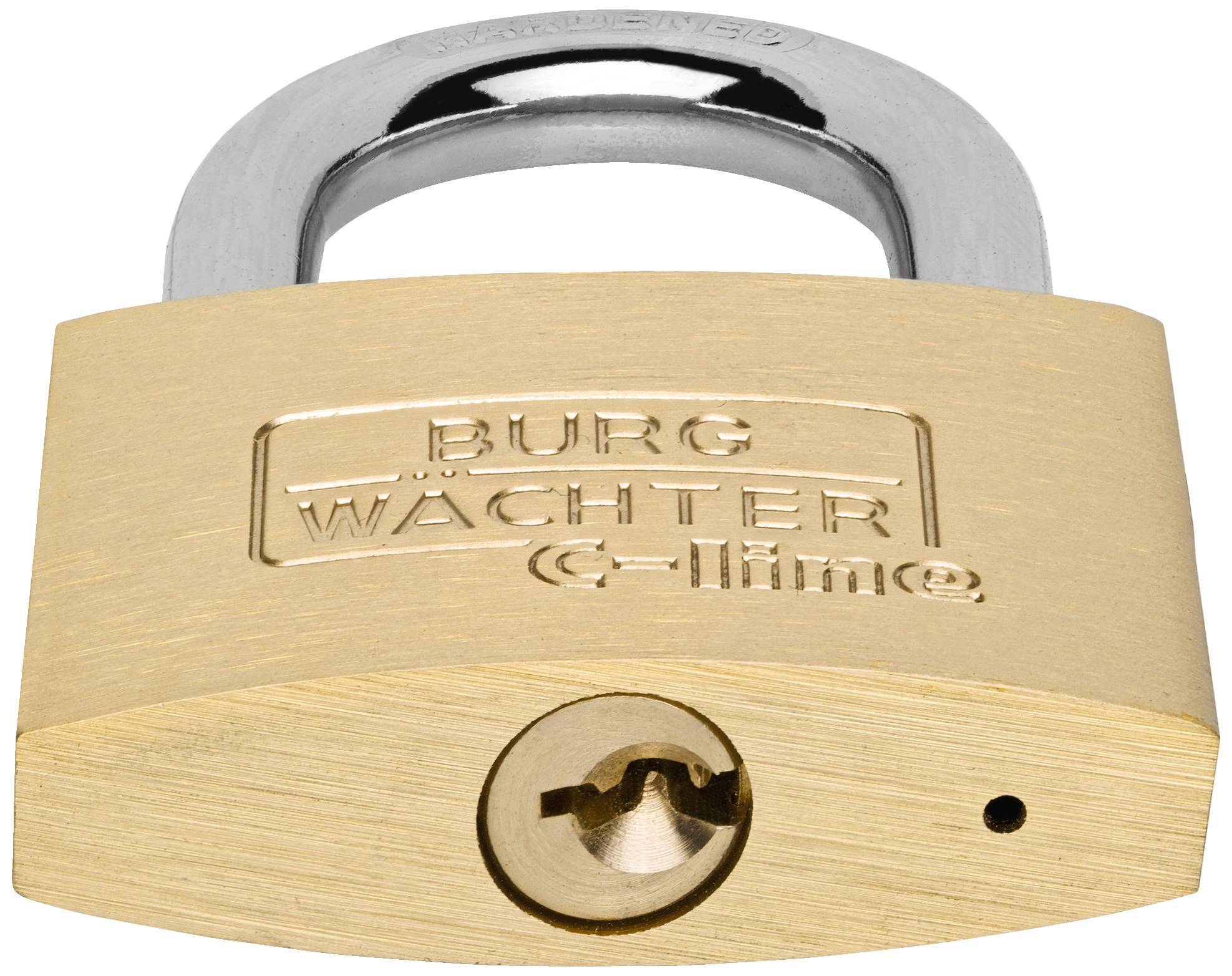 Vorhängeschloss aus Messing mit der Aufschrift 'Burg Wächter C-line'.