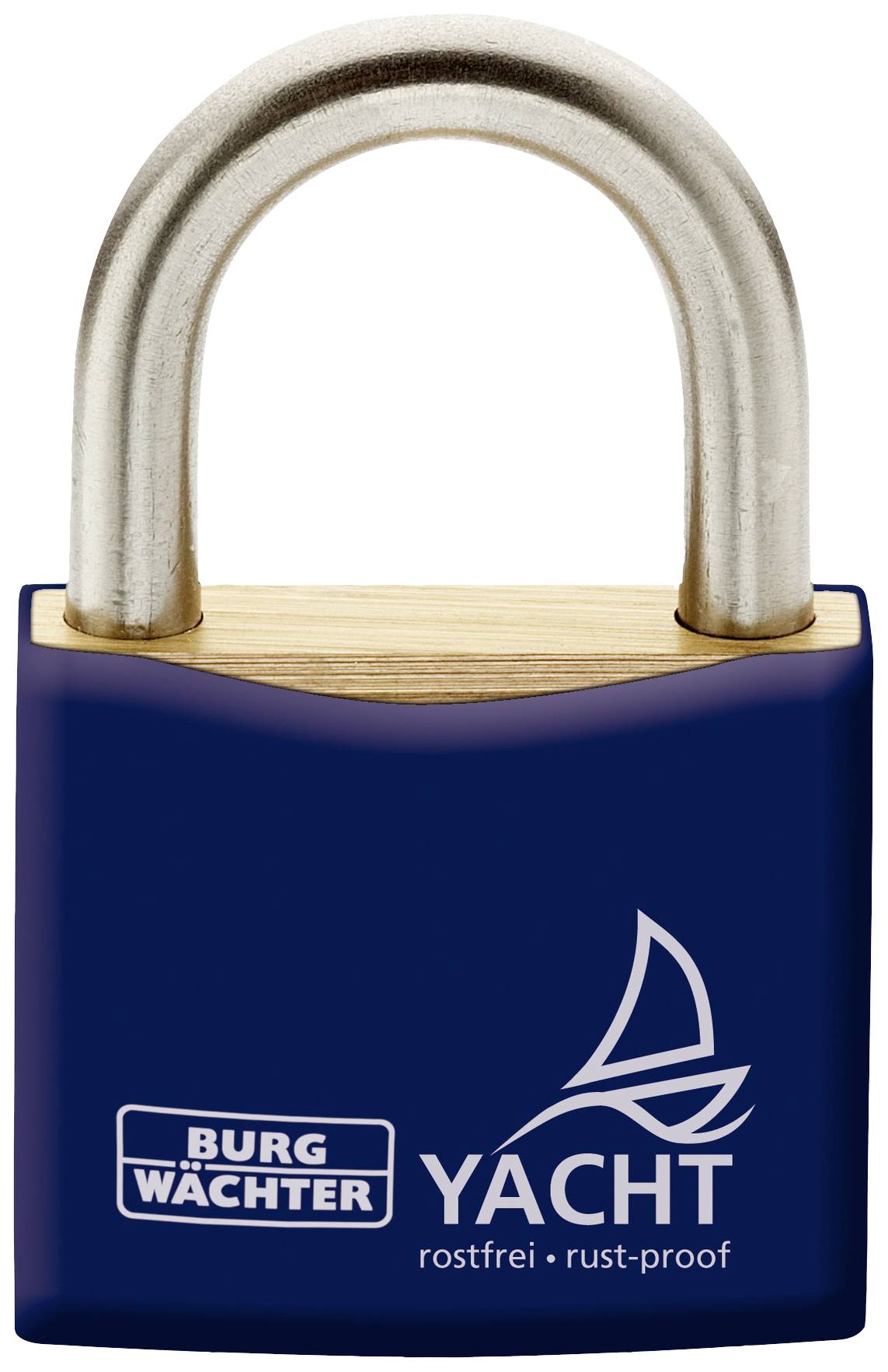 Ein blaues und goldenes Vorhängeschloss mit der Aufschrift 'BURG WÄCHTER YACHT rostfrei - rust-proof' und einem Bootslogo.