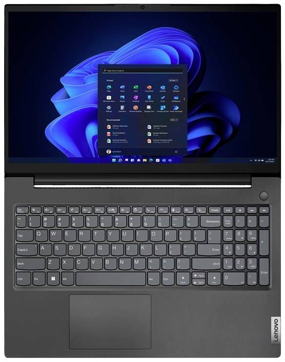 Ein geöffneter Laptop mit schwarzer Tastatur und einem Bildschirm, der das Windows 11 Startmenü anzeigt. Markenlogo sichtbar auf der rechten Seite.
