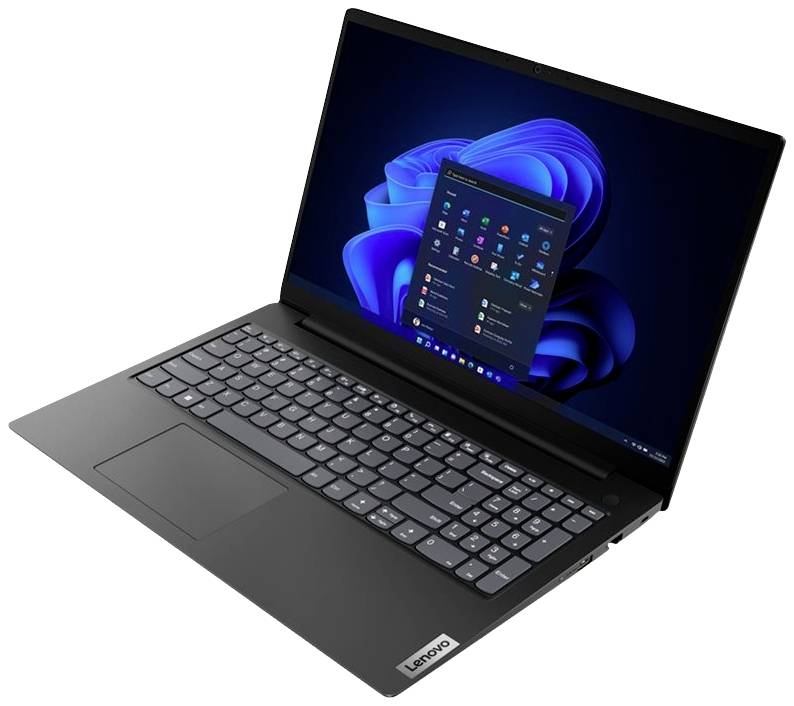 Ein schwarzer Laptop mit geöffneter Windows-Oberfläche auf dem Bildschirm. Tastatur und Touchpad sichtbar. Modell von Lenovo.