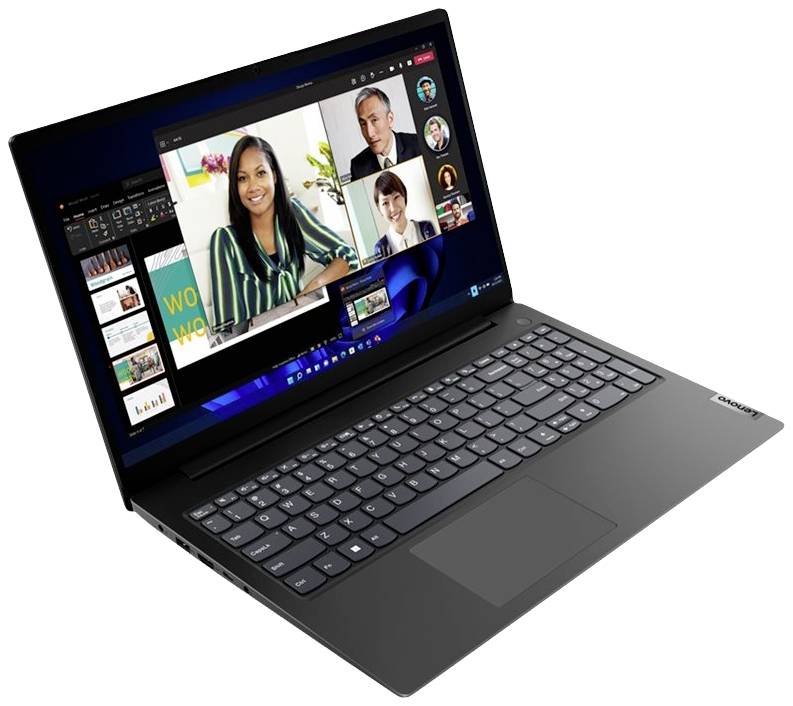 Ein Laptop mit geöffnetem Bildschirm zeigt ein Videokonferenz-Tool mit mehreren Teilnehmer*innen und einer Präsentation.