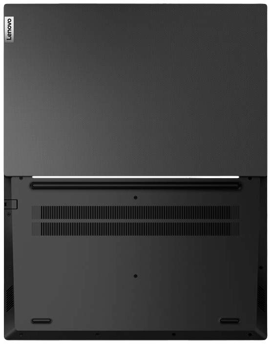 Unterseite eines Laptops in Schwarz. Sichtbare Lüftungsschlitze und ein Herstellerlogo oben links.