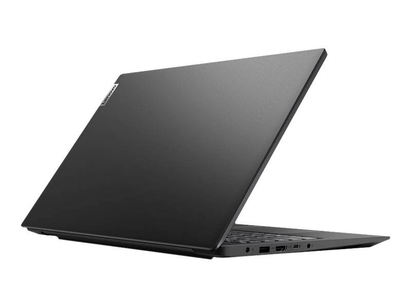 Ein schwarzes Laptop mit halb geöffnetem Deckel. Markenlogo in der Ecke des Deckels. Links Anschlüsse sichtbar.