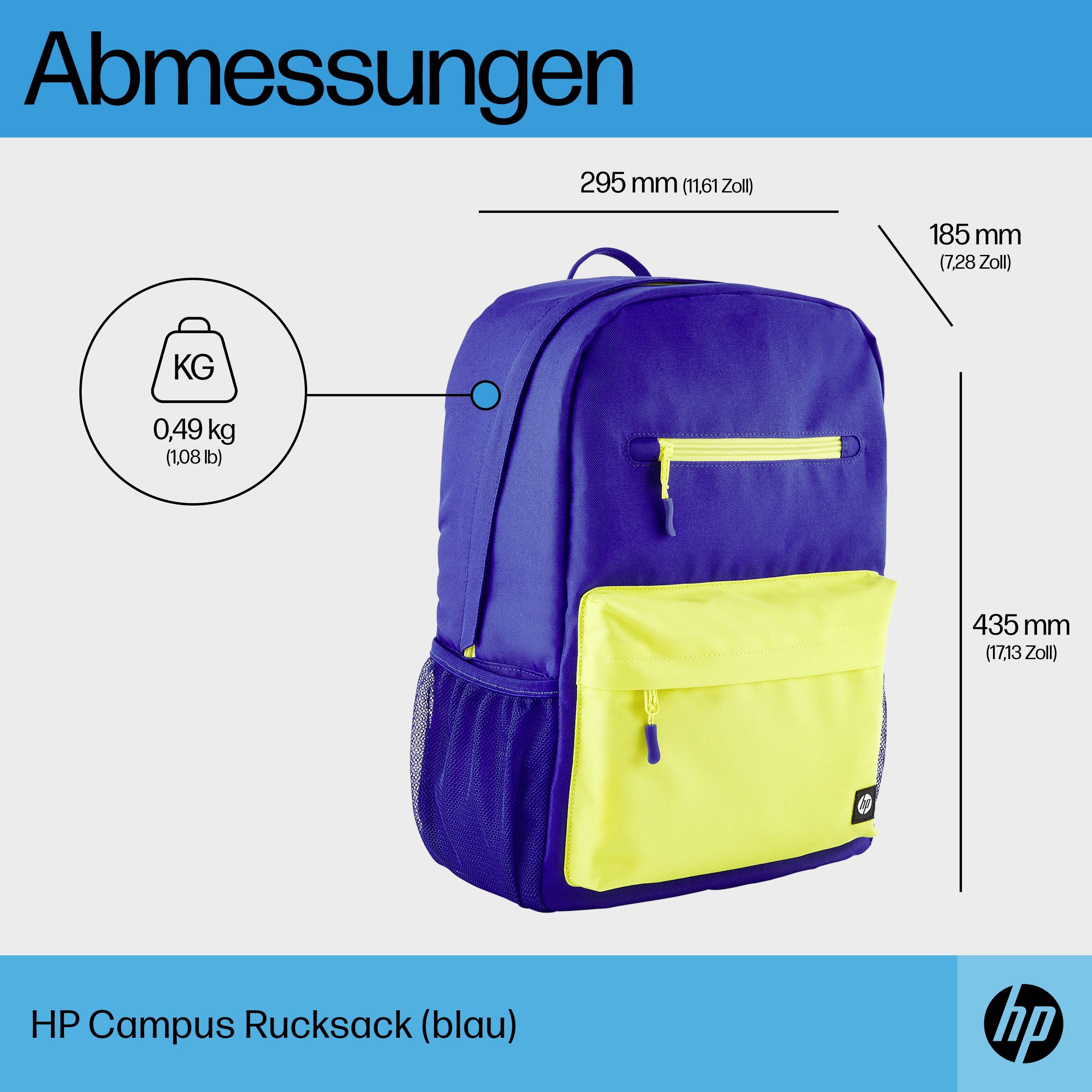 HP Campus Rucksack in Blau mit gelber Fronttasche. Maße: 295 mm Breite, 435 mm Höhe, 185 mm Tiefe. Gewicht: 0,49 kg.