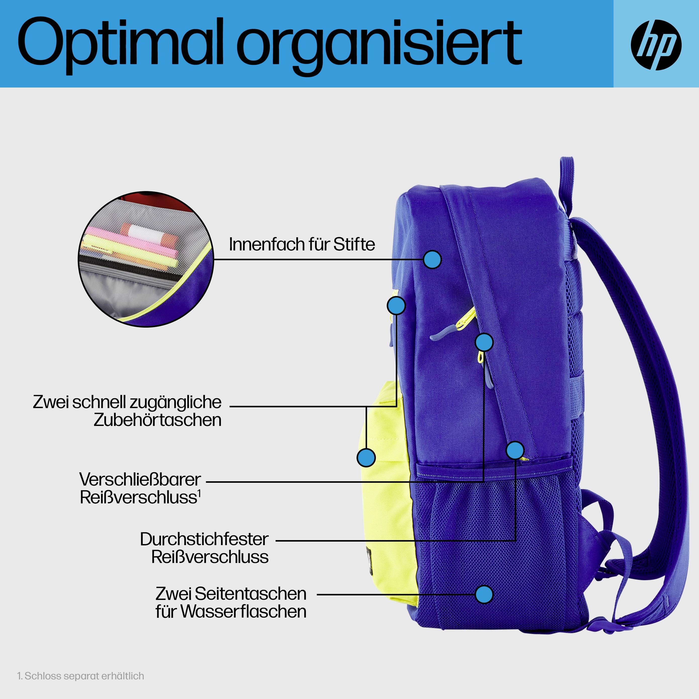 Ein lila Rucksack mit Beschriftungen: 'Optimal organisiert'. Features: Stiftefach, Reißverschluss, Seitentaschen für Flaschen.