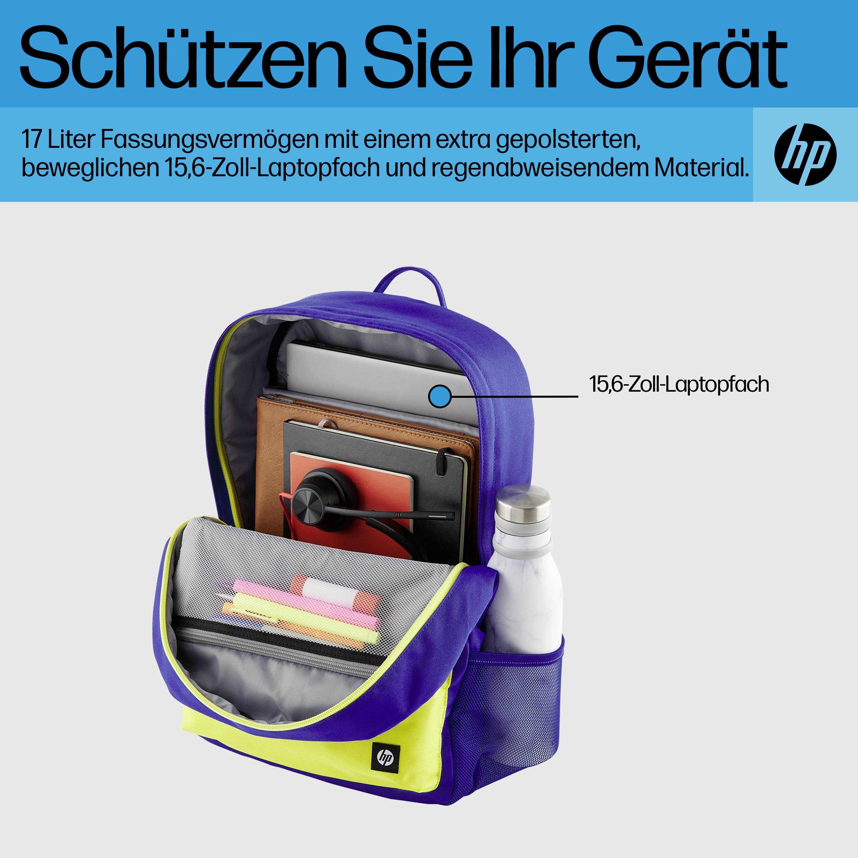 Eine geöffnete Rucksack mit 15,6-Zoll-Laptopfach. Text: 'Schützen Sie Ihr Gerät'. Geeignet für 17 Liter, extra gepolstert, regenabweisend.