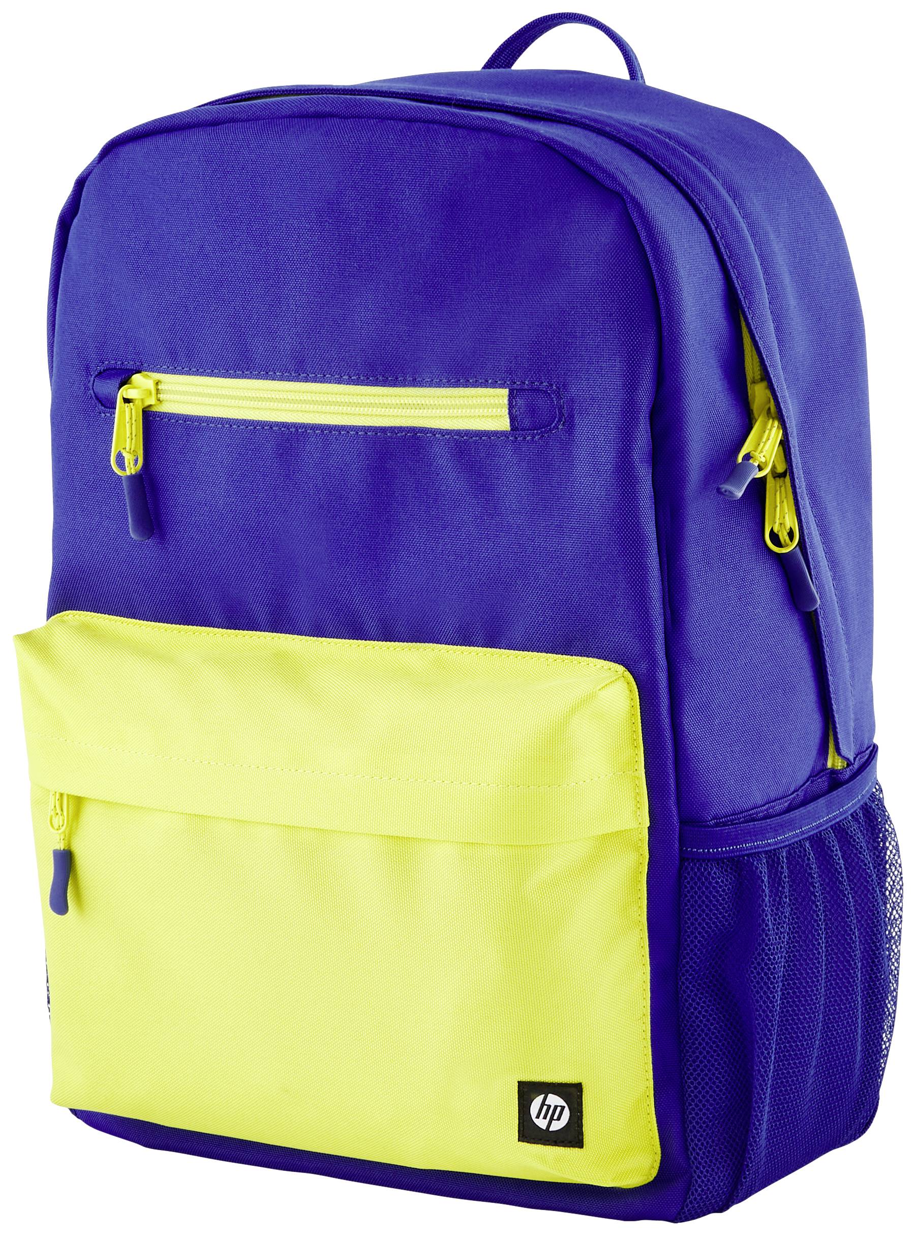 Ein blauer Rucksack mit gelben Reißverschlüssen und Taschen. Ideal für Schule oder Alltag.