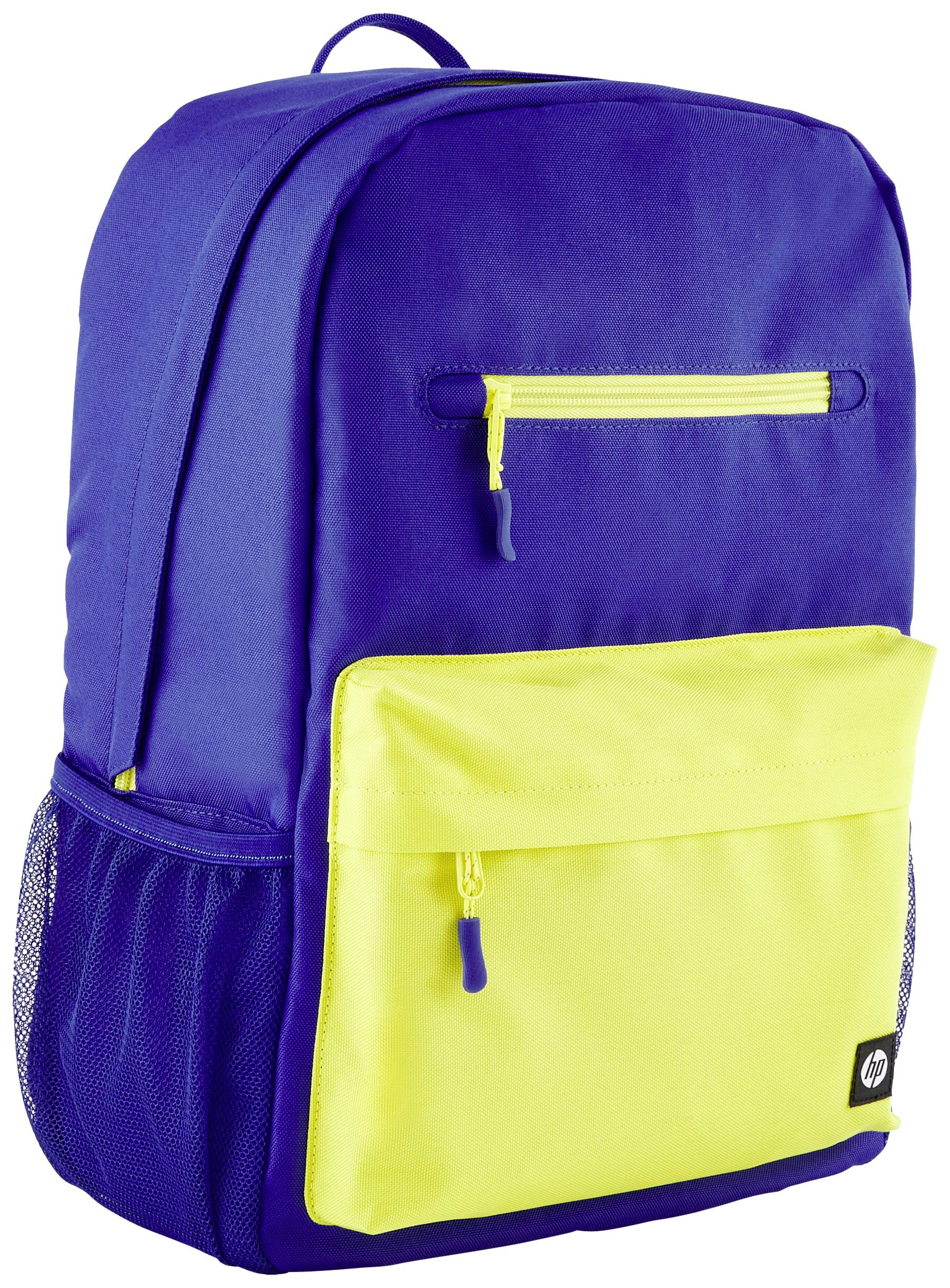 Blauer Rucksack mit gelber Vordertasche und Reißverschlüssen. Geeignet für Schule oder Reisen.