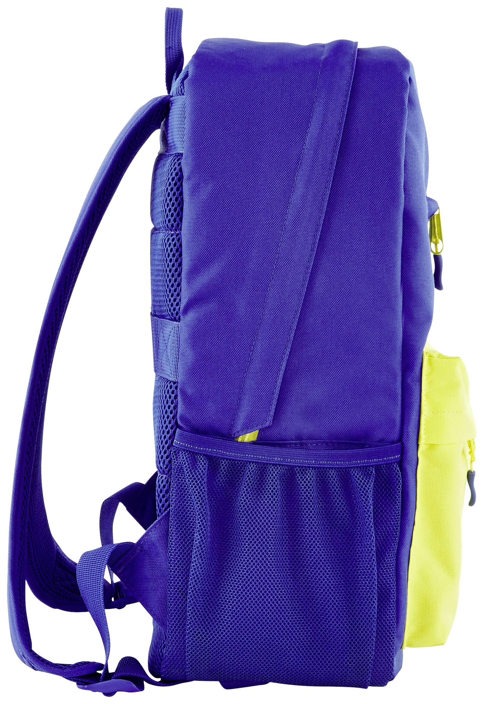 Blauer Rucksack mit gelber Vordertasche und Netzseitentaschen, dargestellt in Seitenansicht.