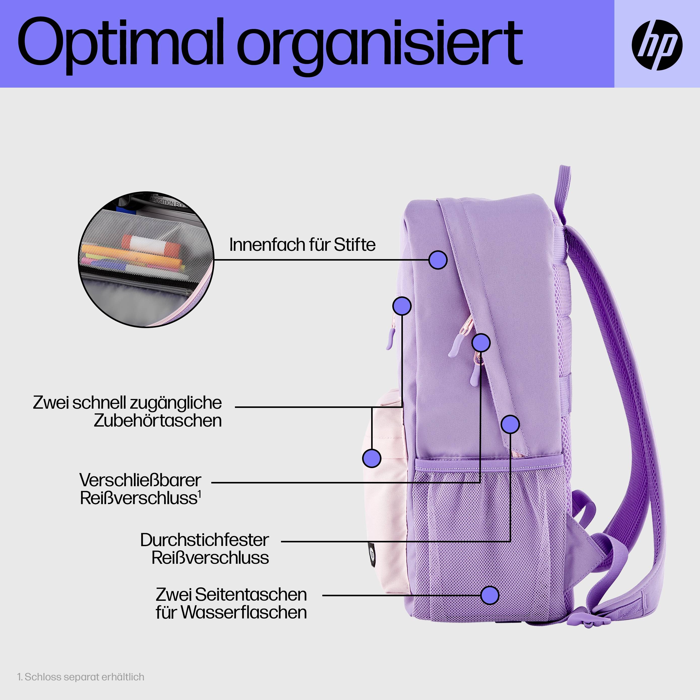 Lila Rucksack mit mehreren Fächern: Innenfach für Stifte, zwei Seitentaschen, Reißverschlusstasche, robustes Design.