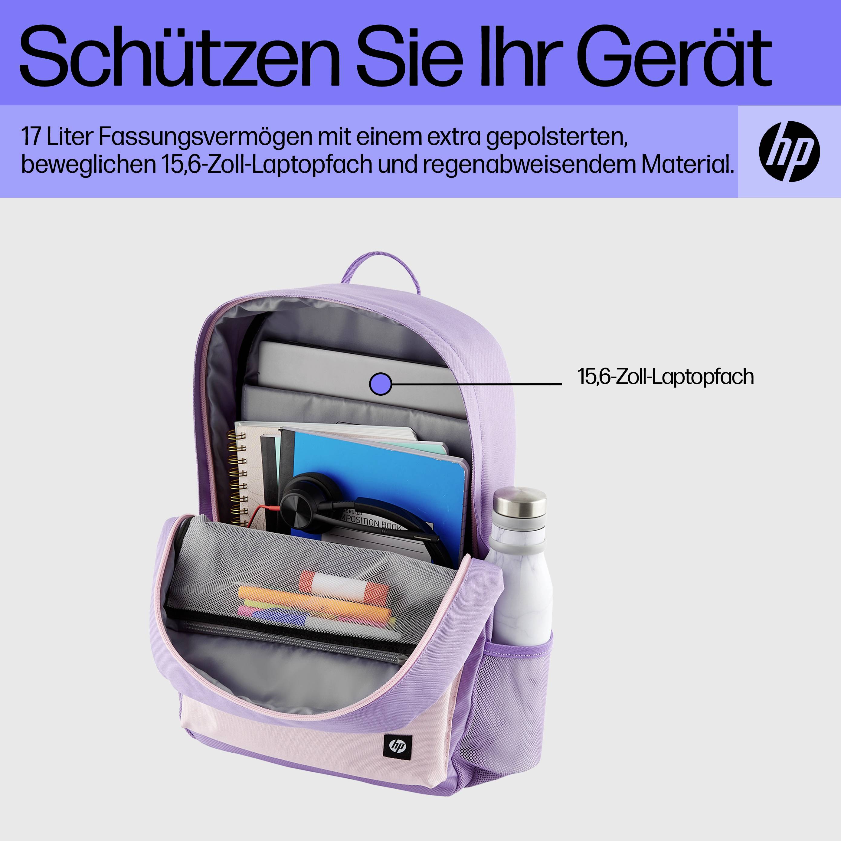 Lila Rucksack mit 15,6-Zoll-Laptopfach aus wasserabweisendem Material. Enthält Bücher, Kopfhörer und eine Wasserflasche.