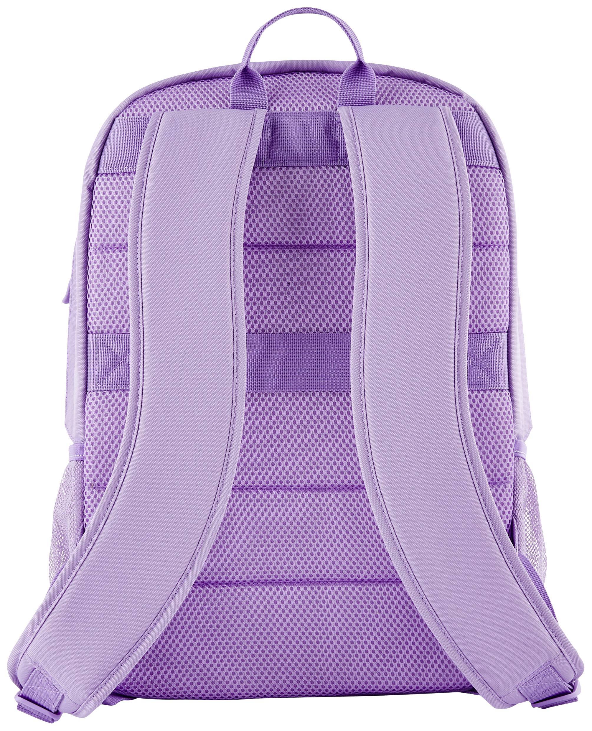 Ein lila Rucksack von hinten, mit gepolsterten, verstellbaren Trägern und einem Obergriff. Mesh-Design für Belüftung.