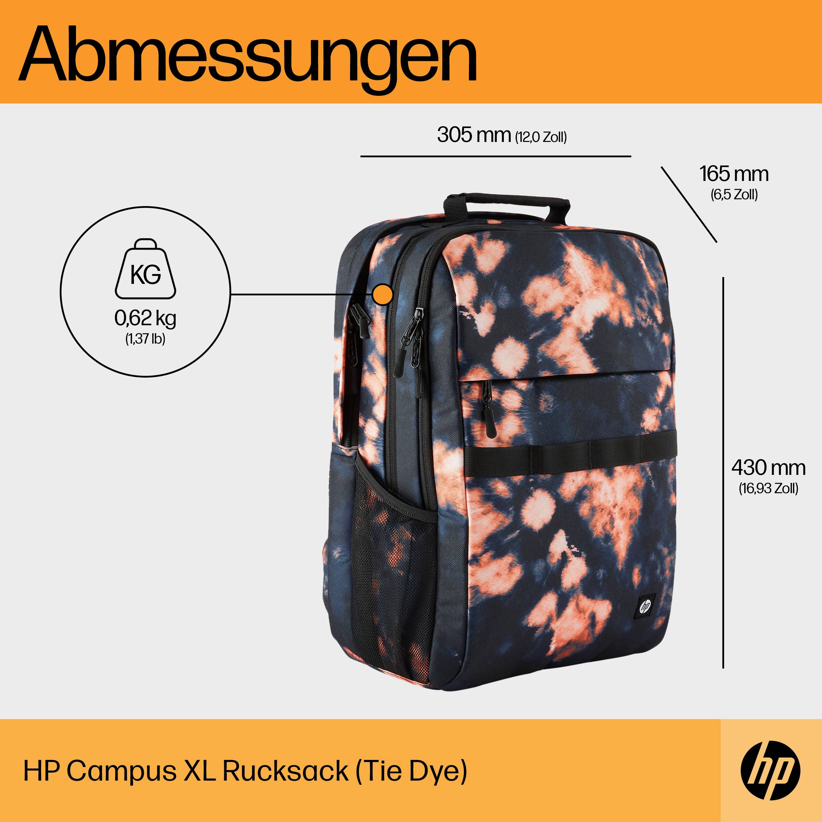 Abmessungen: 305 mm Breite, 430 mm Höhe, 165 mm Tiefe. Gewicht: 0,62 kg. HP Campus XL Rucksack (Tie Dye).