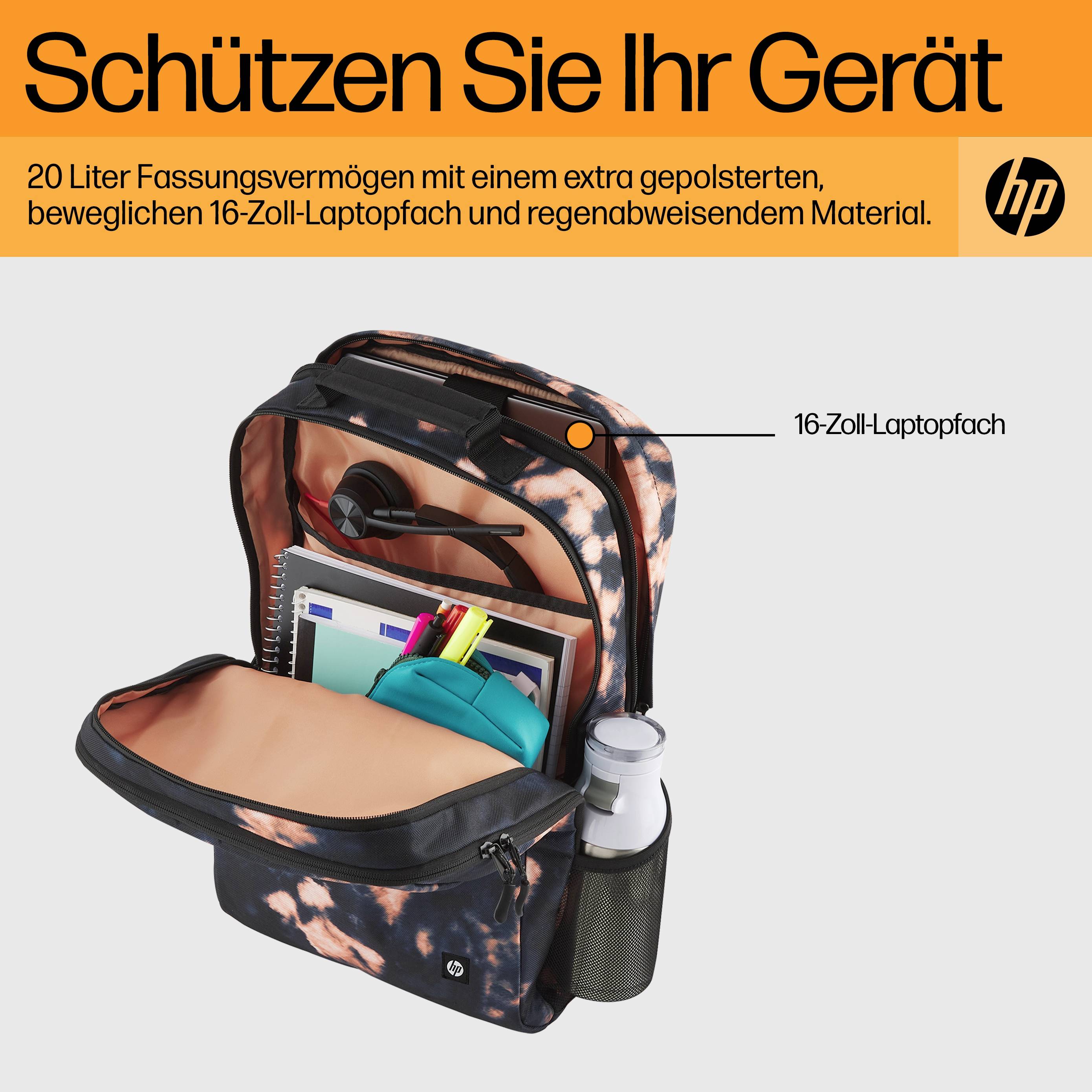 Rucksack mit offenem Fach zeigt 16-Zoll-Laptopfach, gepolstert; daneben Schutztext und HP-Logo; geeignet für Laptop-Transport.