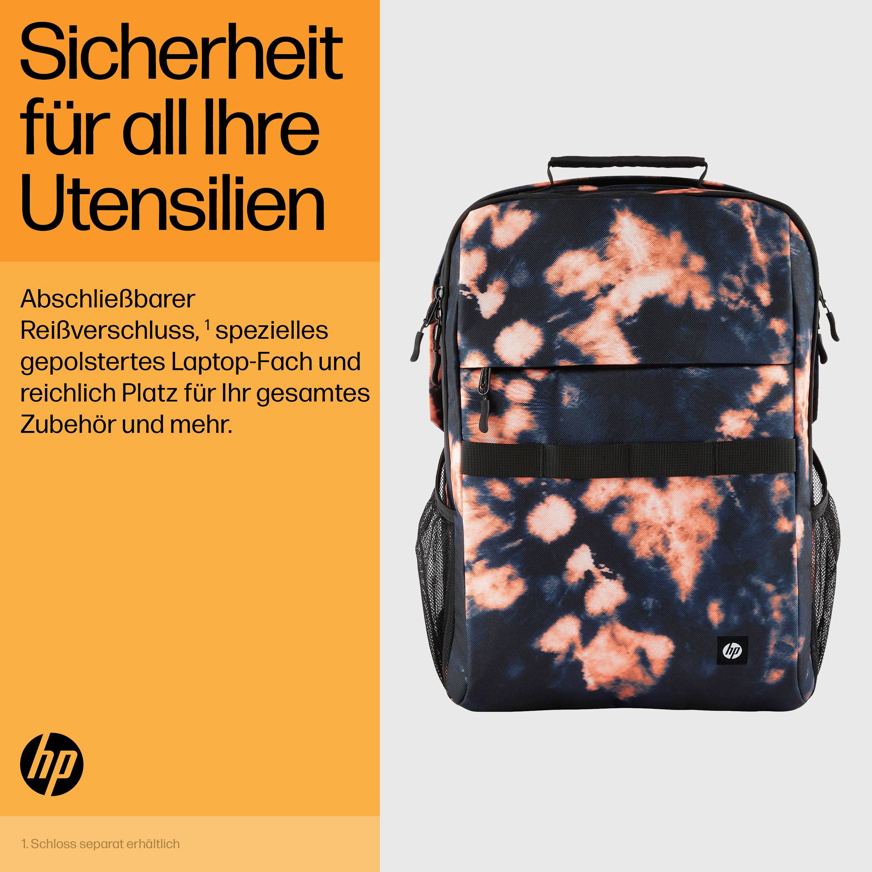 Ein Rucksack mit buntem Muster und Verschluss. Begleittext betont Sicherheit für Utensilien, gepolstertes Laptop-Fach und viel Stauraum.