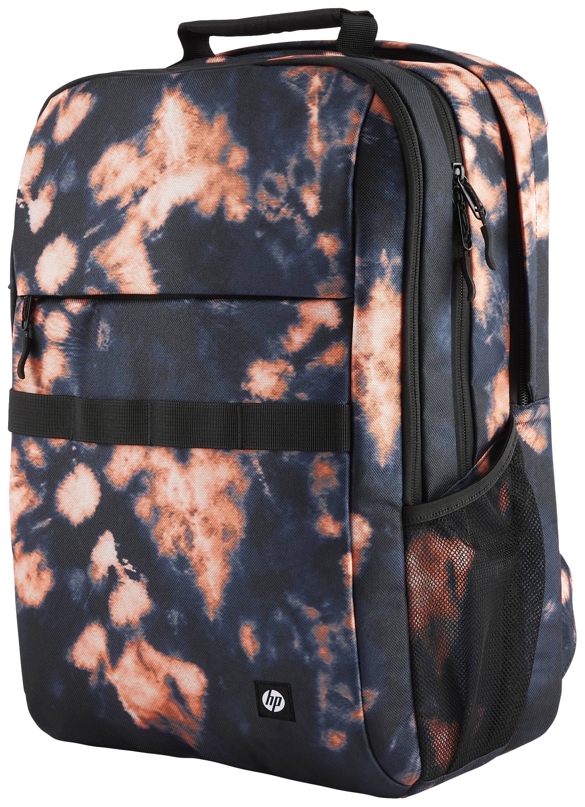 Ein Rucksack mit abstraktem, orange-blauem Muster; hat seitliche Netztasche und oberen Griff.