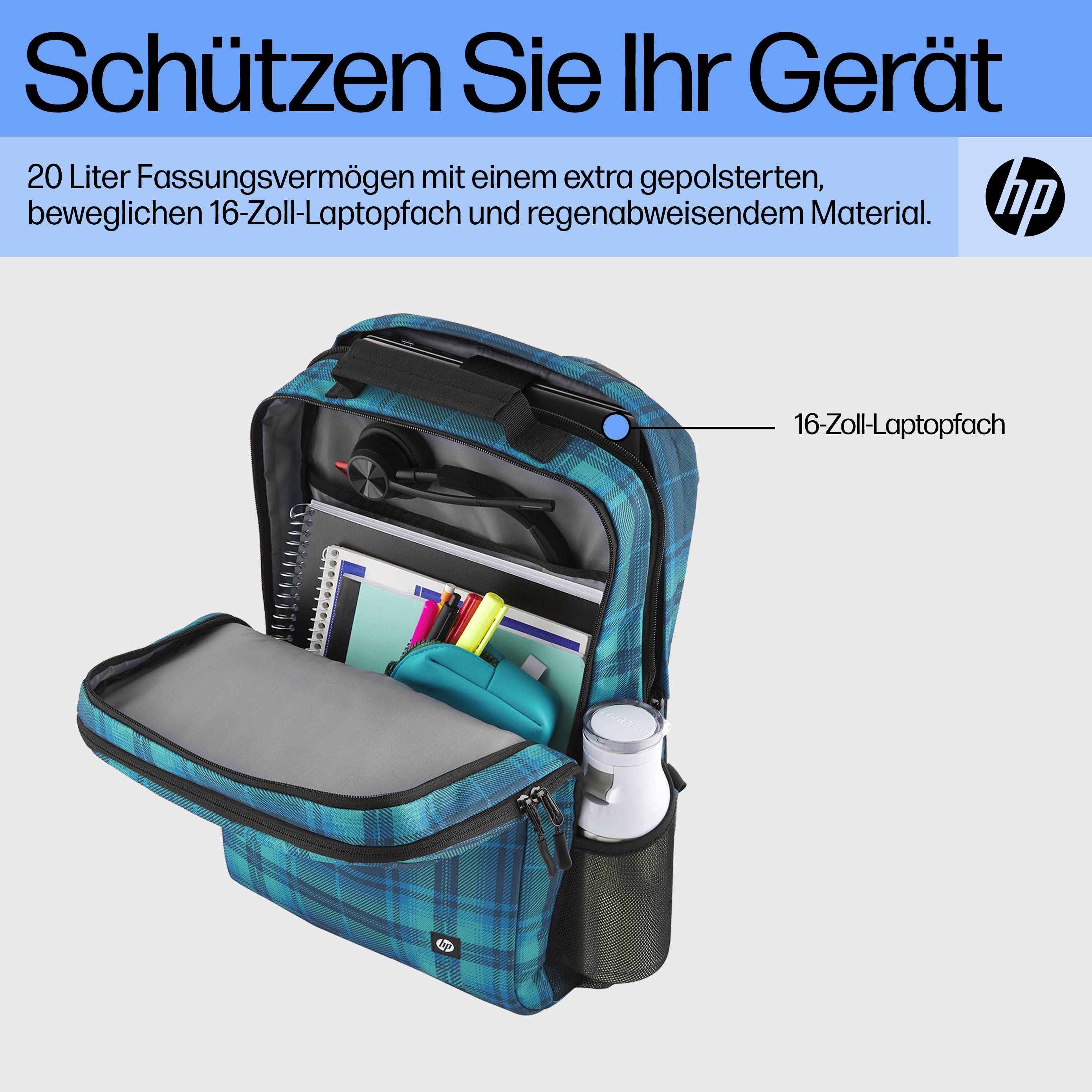'Schützen Sie Ihr Gerät' zeigt einen offenen blauen Rucksack mit Fächern für Laptop und Zubehör, betont Schutz und Stauraum.
