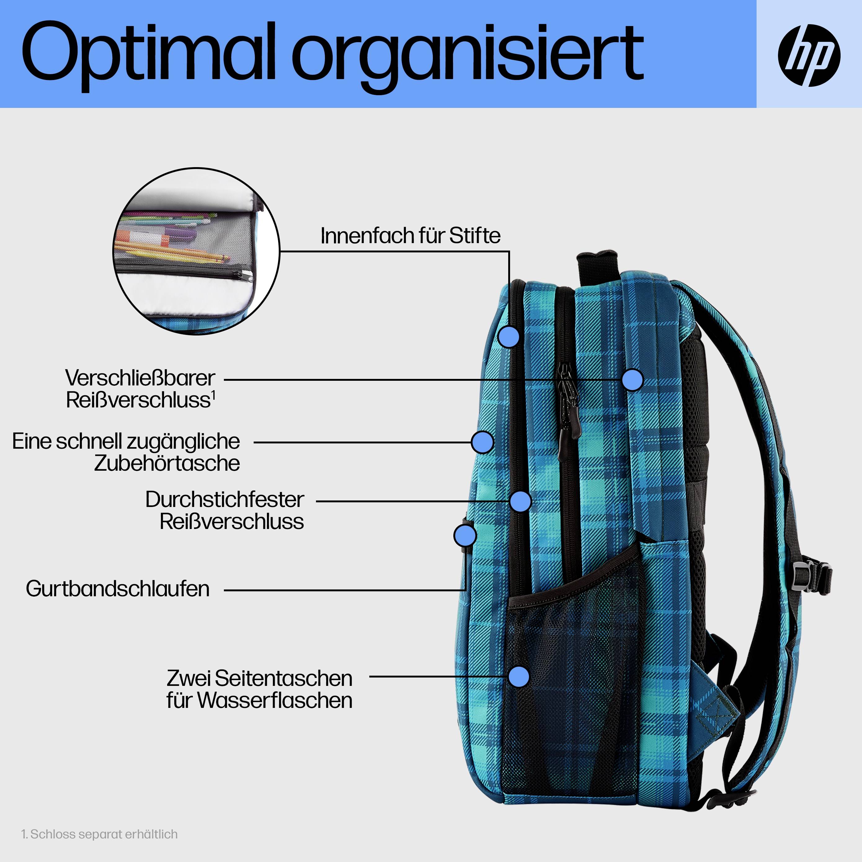 Rucksack mit blauen Karos, mehreren Reißverschlusstaschen und Seitentaschen für Flaschen. Überschrift: 'Optimal organisiert'.