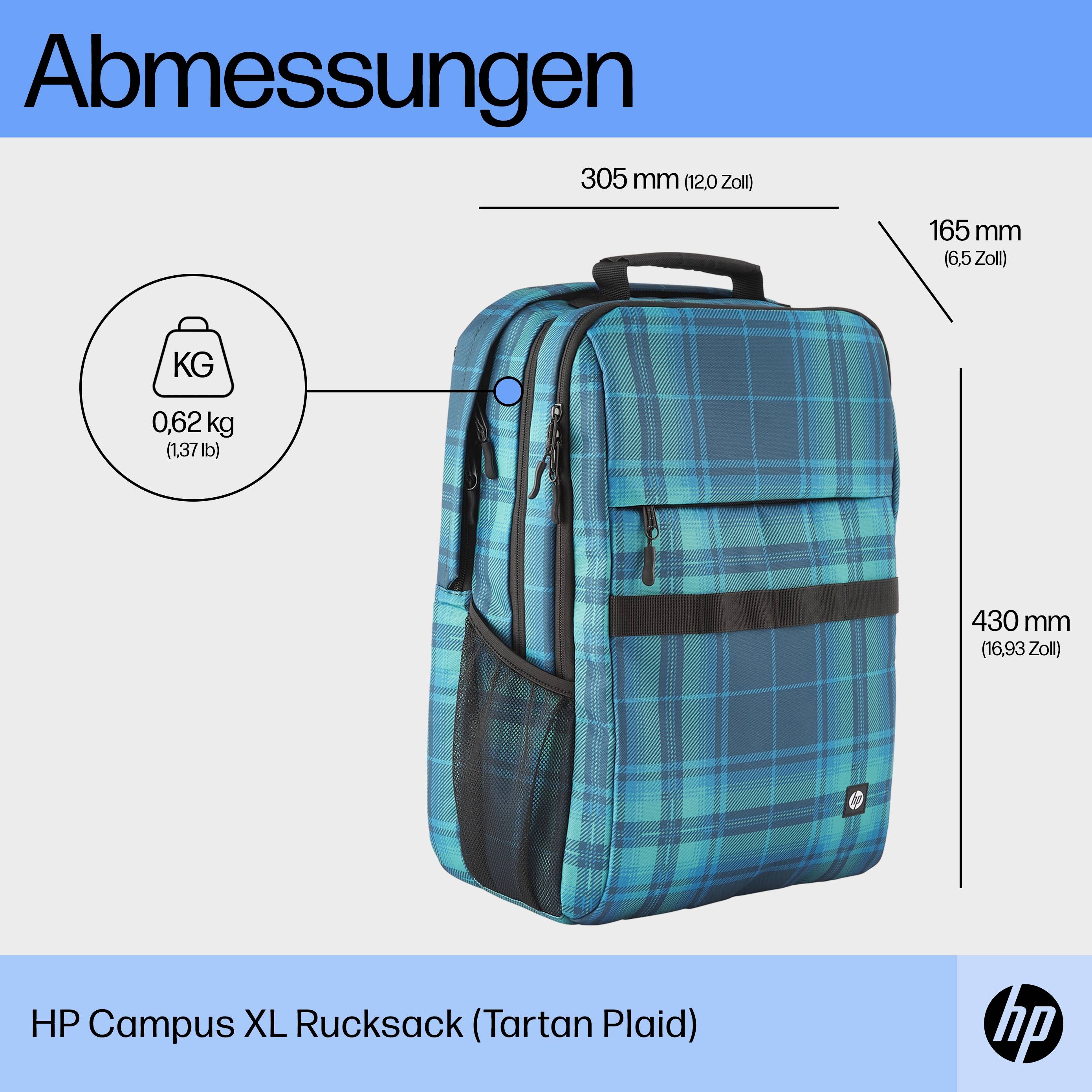 Abmessungen: Breite 305 mm, Höhe 430 mm, Tiefe 165 mm. Gewicht 0,62 kg. HP Campus XL Rucksack in blauem Tartan-Muster.