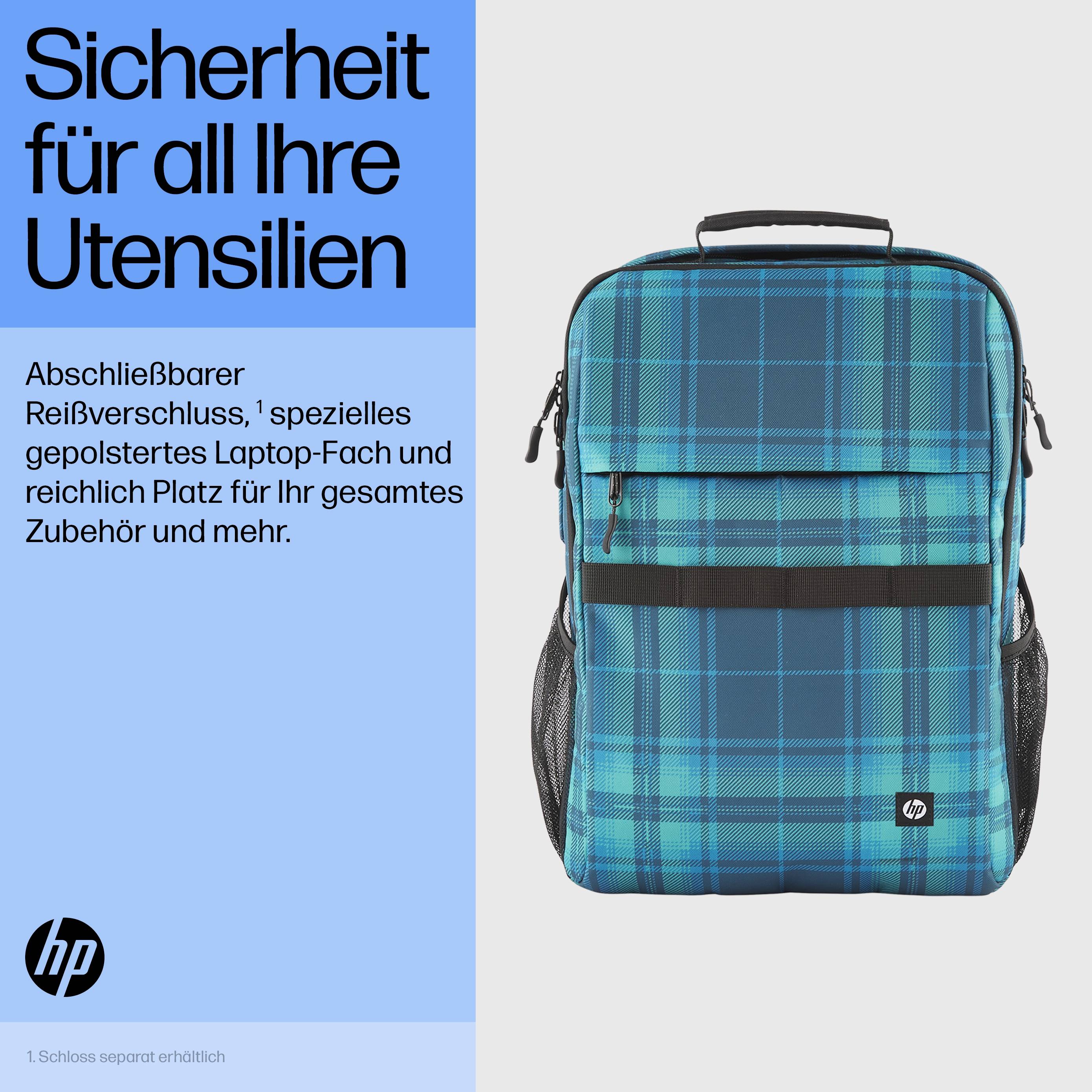 Rucksack mit blauem Karomuster, abschließbarer Reißverschluss, gepolstertes Laptop-Fach, viel Platz für Zubehör.